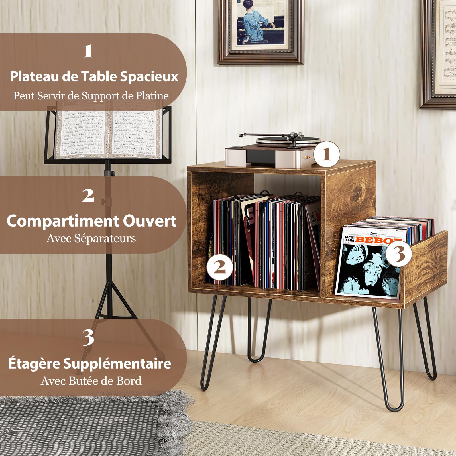 COSTWAY Meuble Tourne-Disque Vinyle avec Prise, Support Tourne-disque pour 145 Albums, Station de Charge, 2 Ports USB, 4 Pieds Amovibles, 3 Séparateurs, Étagère de Rangement sur Table (Brun rustique)