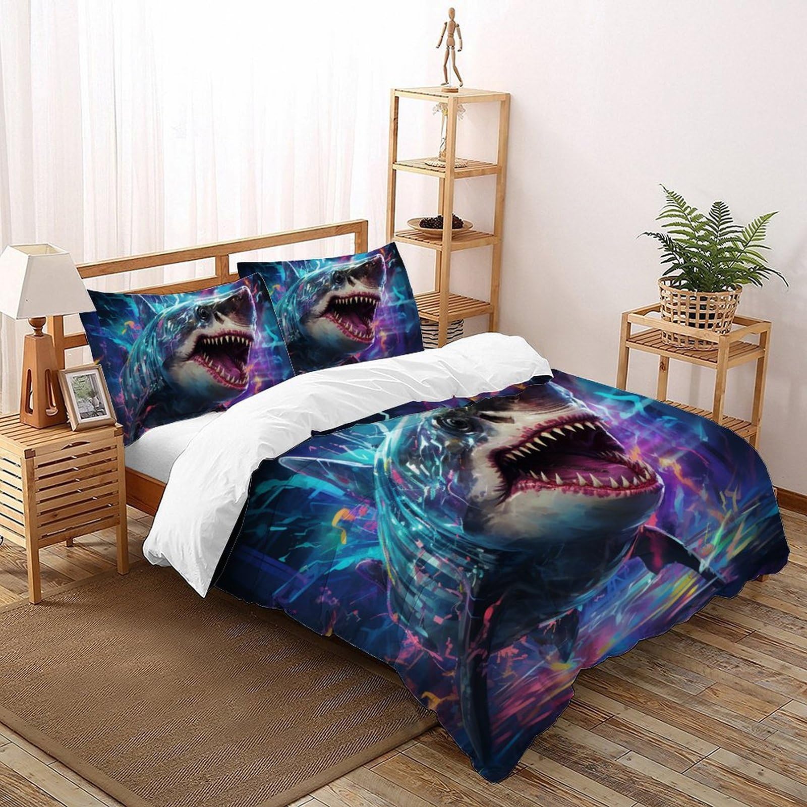Housse de couette requin 3D facile d'entretien et douce en microfibre King size