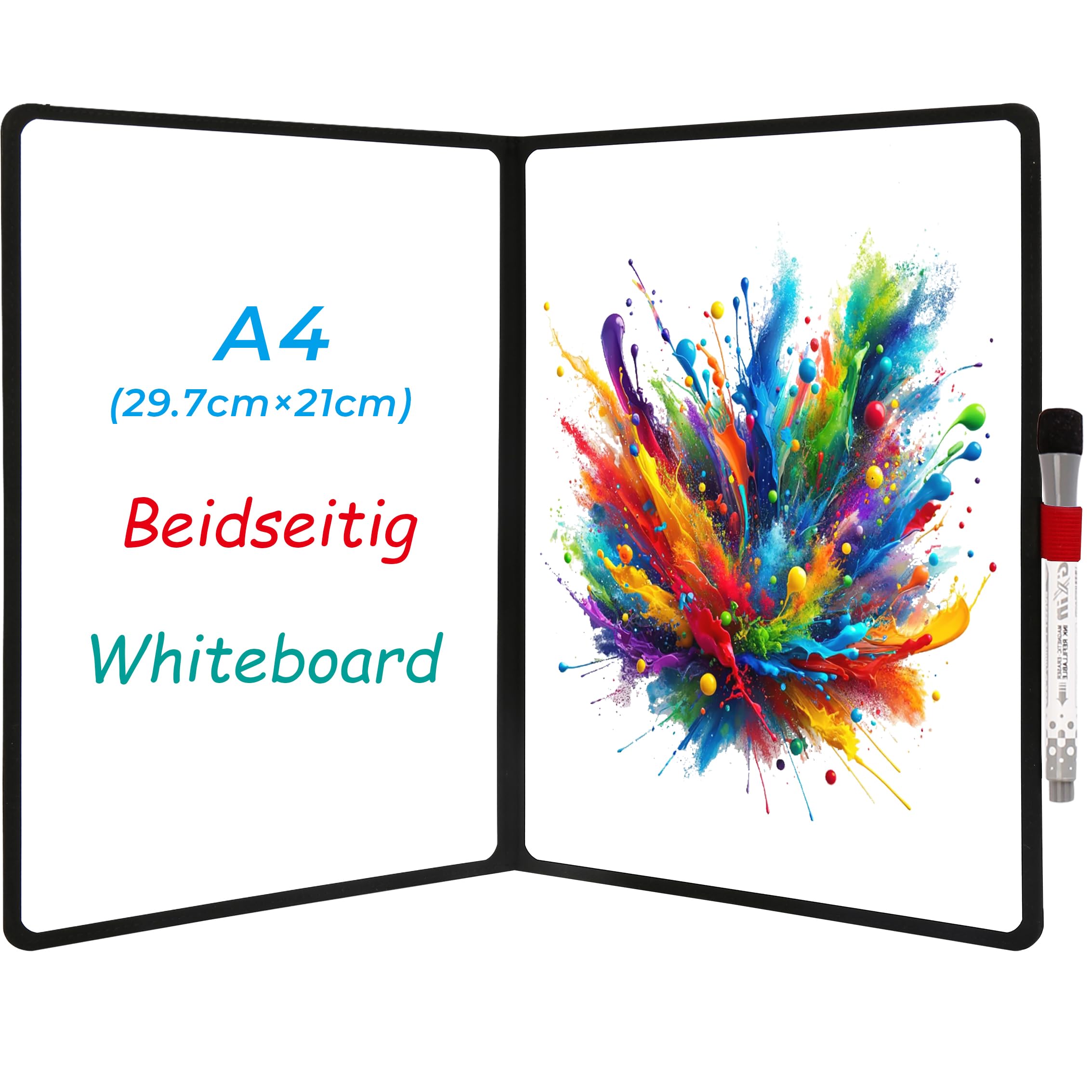 iNenya Double-Sided Whiteboard - Portable, 12" x 9" Dry Erase Boards with Elegant Red Elastic Pen Tray for Office, Education and Home (Black) (Double A4)