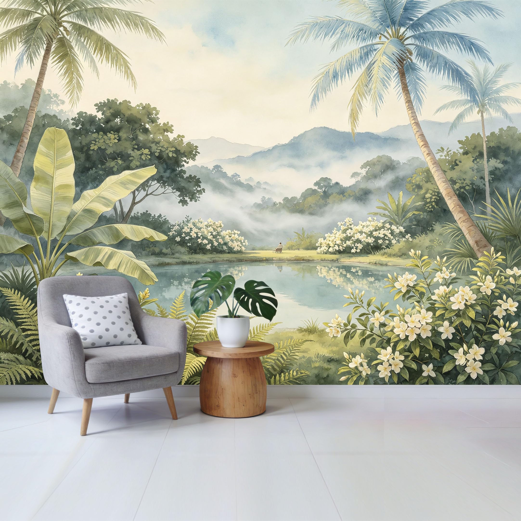 Custom Size Wall Mural， Watercolor Tropical Jungle Palm Lake Misty Mountain Floral Removable Self Adhesive Fabric，Home Wall Decor for Living Room Bedroom Bathroom