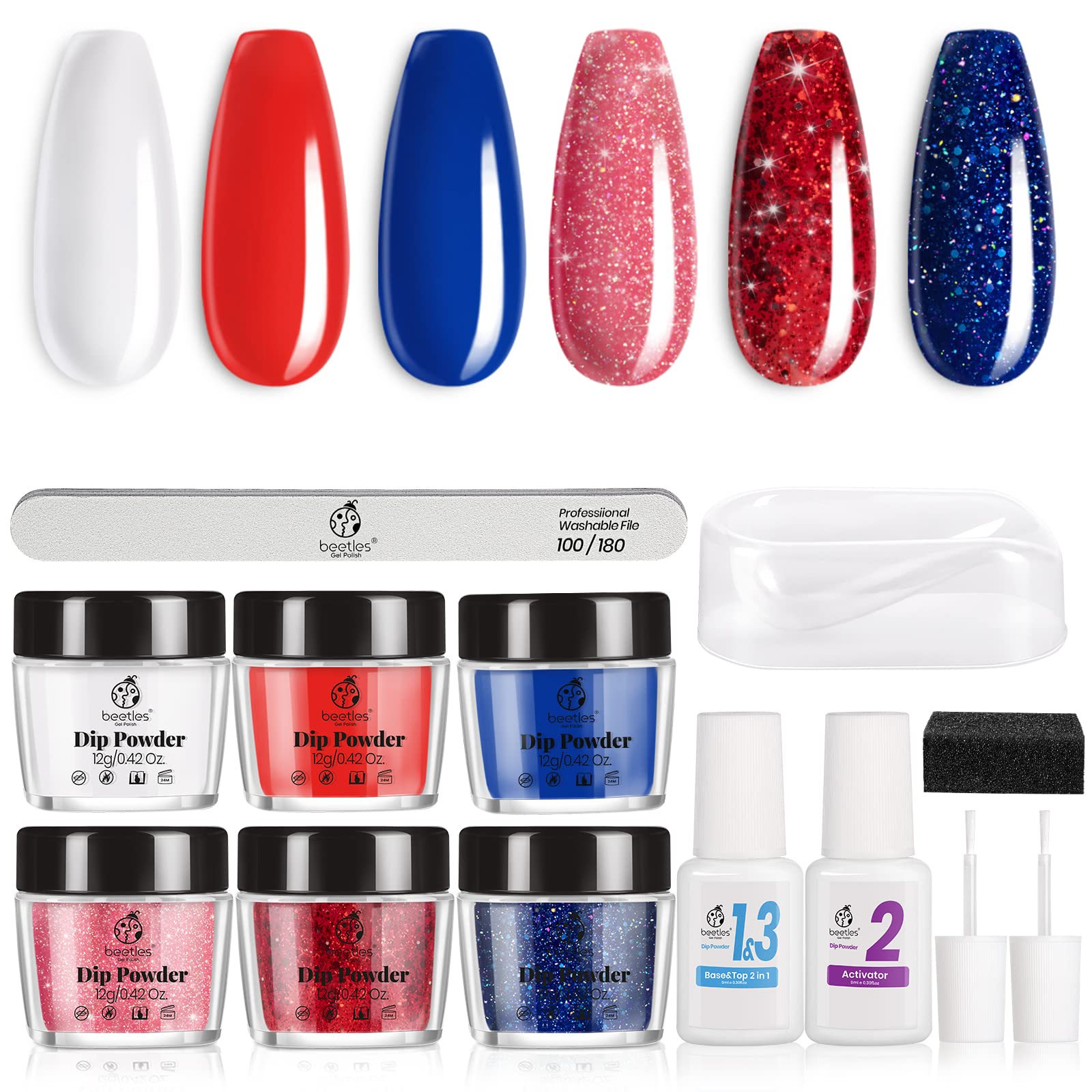 Amazon.com: Beetles Dip Powder Nail Kit- Independence Day 6 Colors White  Red Navy Blue Nail Dipping Powder Set with Base Top Coat Activator Spare  Brushes for DIY Nail Art Salon Manicure Gifts