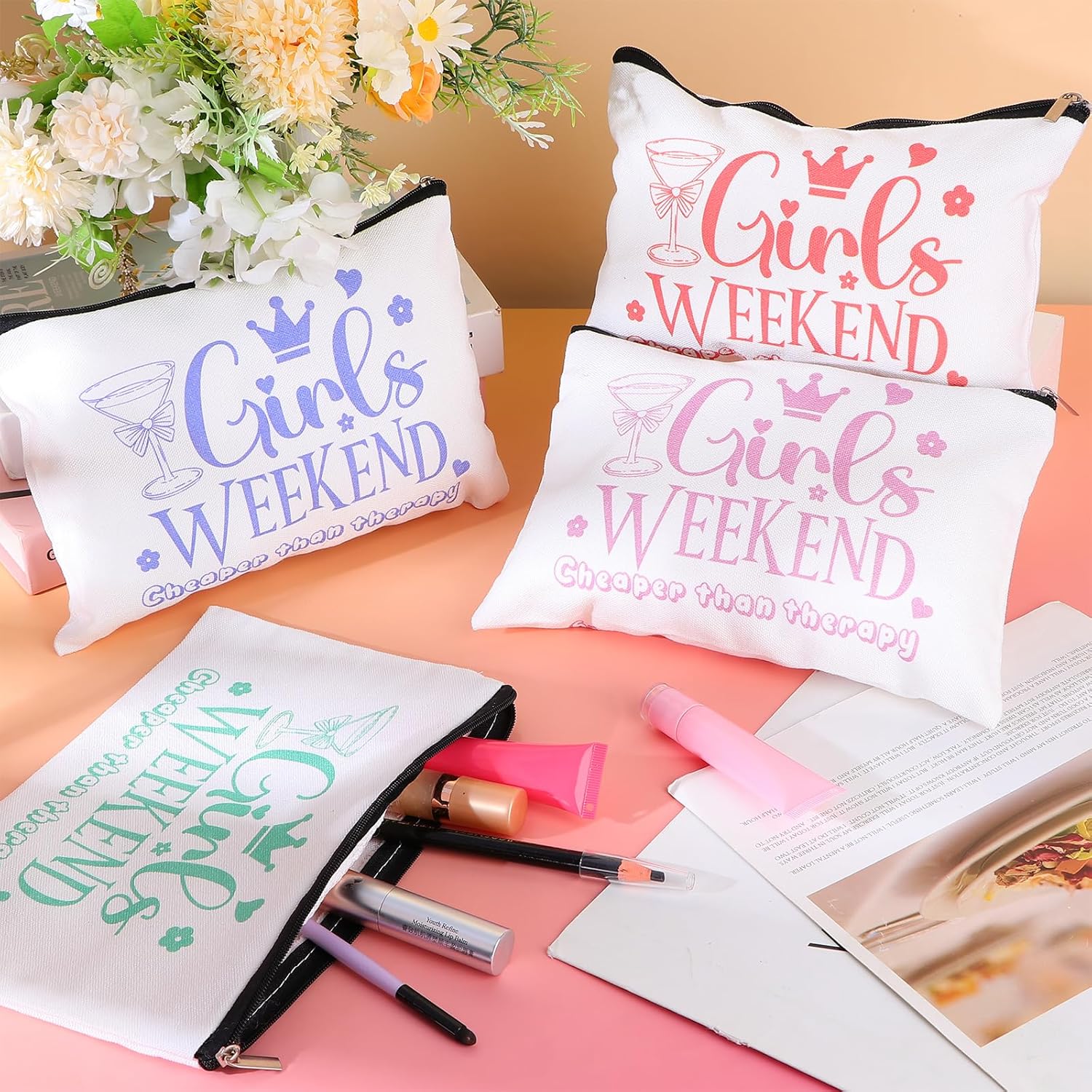 8 Pcs Girls Weekend Makeup Bag Gifts Bulk Include 4 Women's Trip Makeup Bag 4 Weekend Tote Bag Women Trip Cosmetic Bags Zipper Toiletry Bags for Women Friend Graduation Wedding Bachelorette Party - Image 3