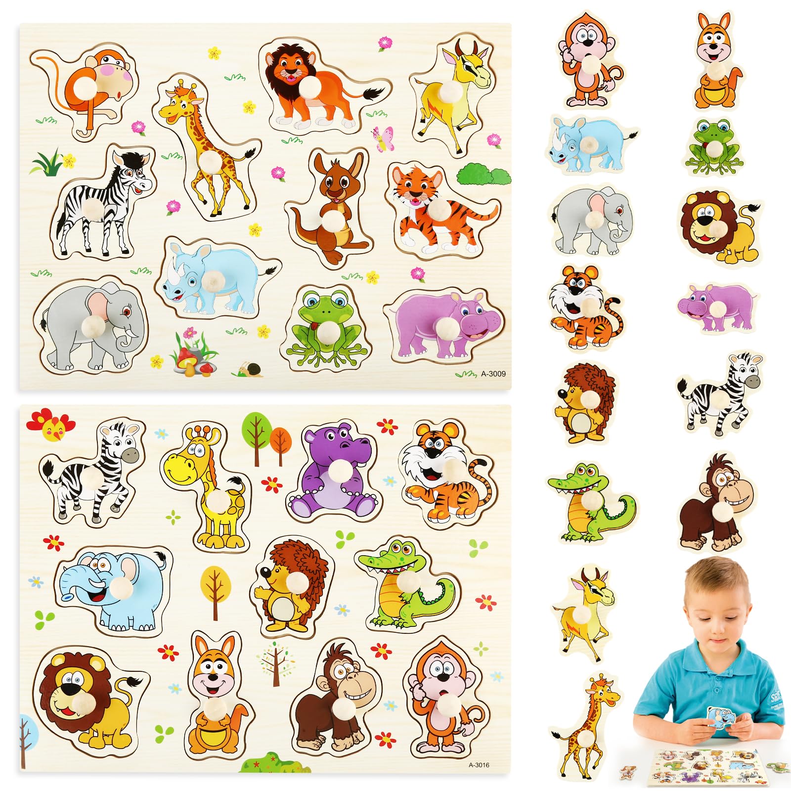 Zestaw 2 drewnianych puzzli 1 rok, drewniane puzzle wtykane od 1 roku ze zwierzętami z dżungli, zabawka z chwytaniem, idealne puzzle dla dzieci od 1 roku życia, dla chłopców i dziewczynek, prezent