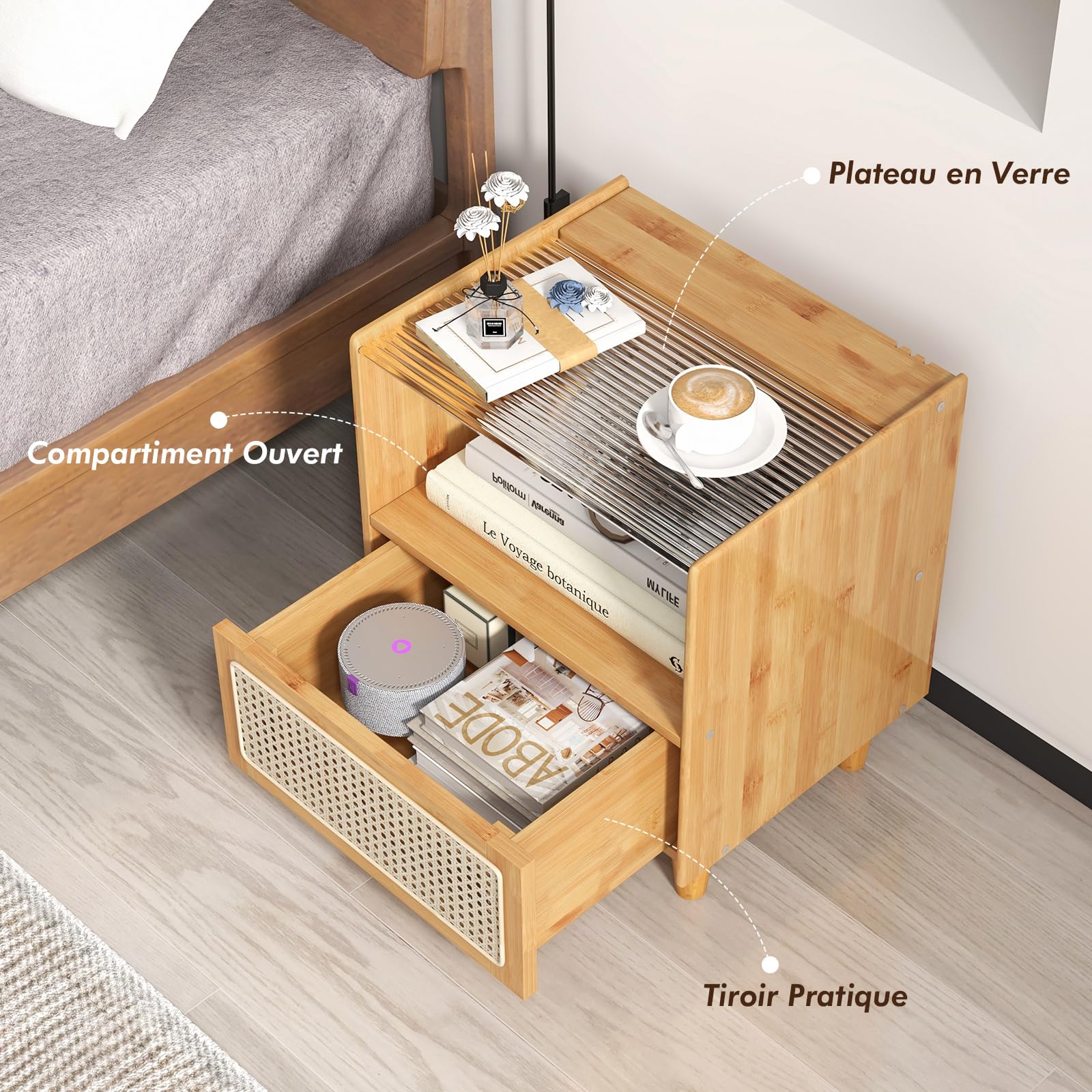 COSTWAY Table de Chevet avec Tiroir, Table d'Appoint en Bambou avec Plateau en Verre, Design Cannage, Grand Compartiement, Pieds en Bois Massif, Table de Nuit Bohême, 43 x 35 x 50 cm (1, Jaune)