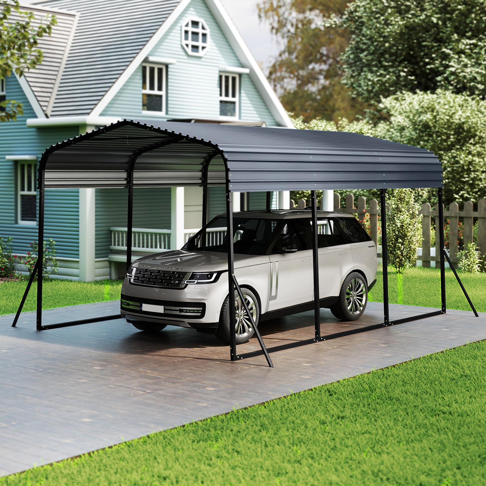 GOPLUS Cobertizo de Coche de Metal, 440 x 300 x 250 cm, Refugio de Vehículo con Techo Duro, 4 Patas Inclinadas y Anclajes de Fijación para Exteriores, Carpa Al Aire lIbre para Camiones, Tractores, Suv