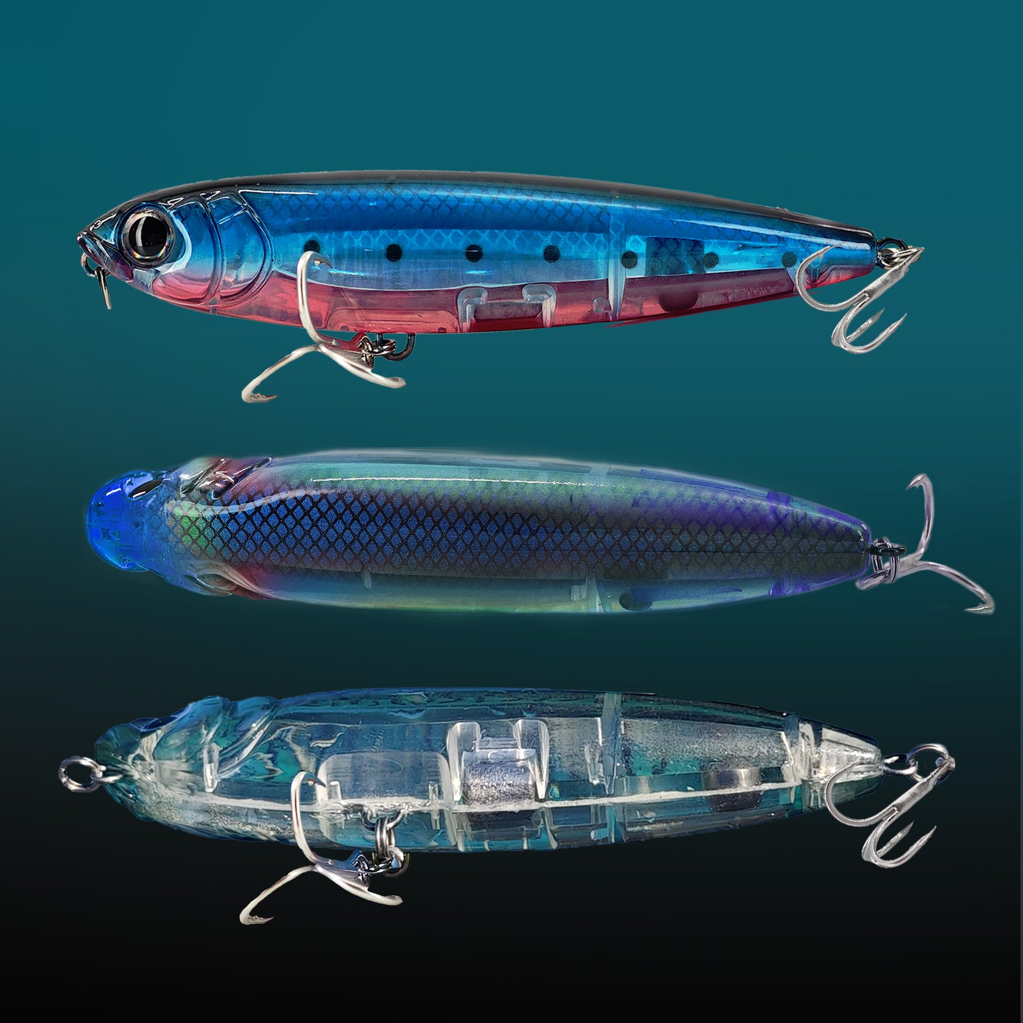 Top - Señuelos de pesca acuática para lubina, lucio, perca de bagre, señuelos flotantes para agua dulce y salada, 5 cebos con gancho triple