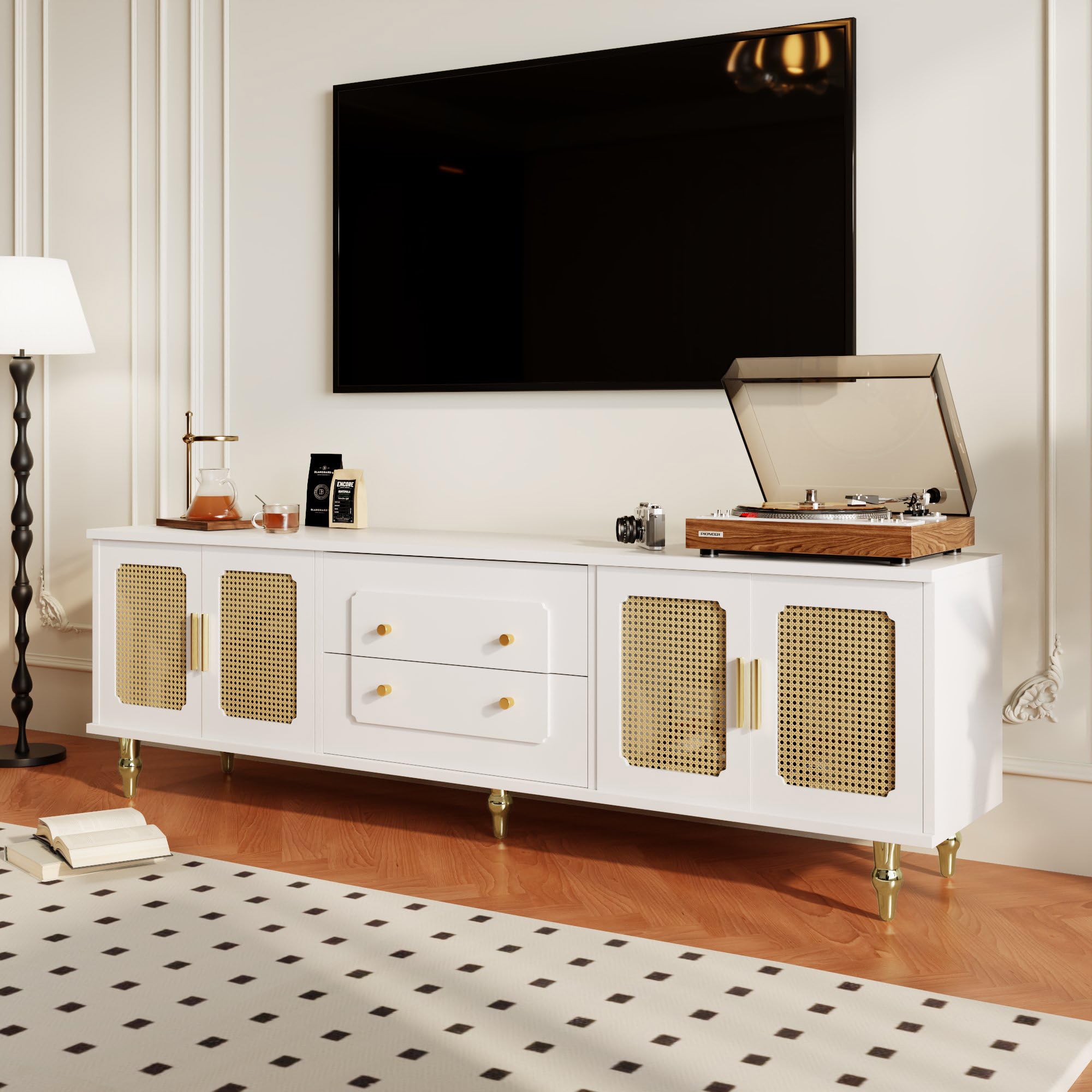 Mobile TV basso 177 x 38 x 53 cm in stile retrò: maniglie dorate, molto capiente, con anta in vetro e gambe in legno massello, nero/bianco (bianco)