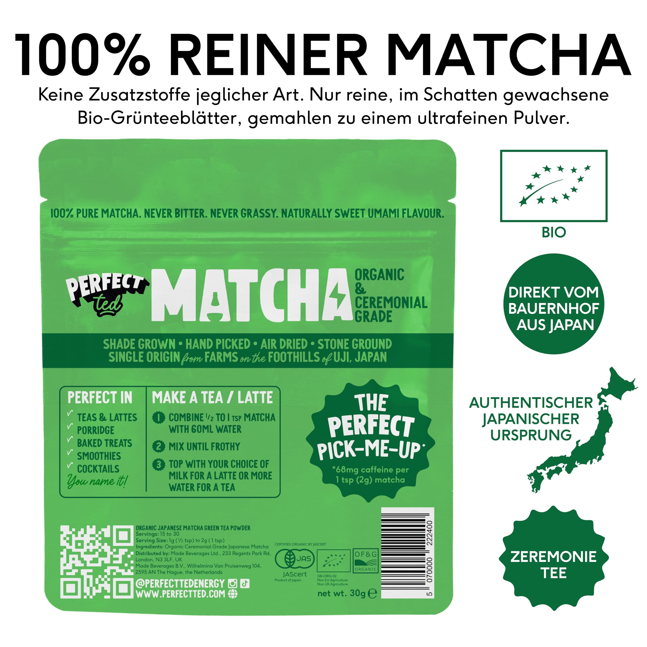 PerfectTed Matcha Powder & Hojicha ((3x30g) 90g, Ceremonial Grade Matcha)