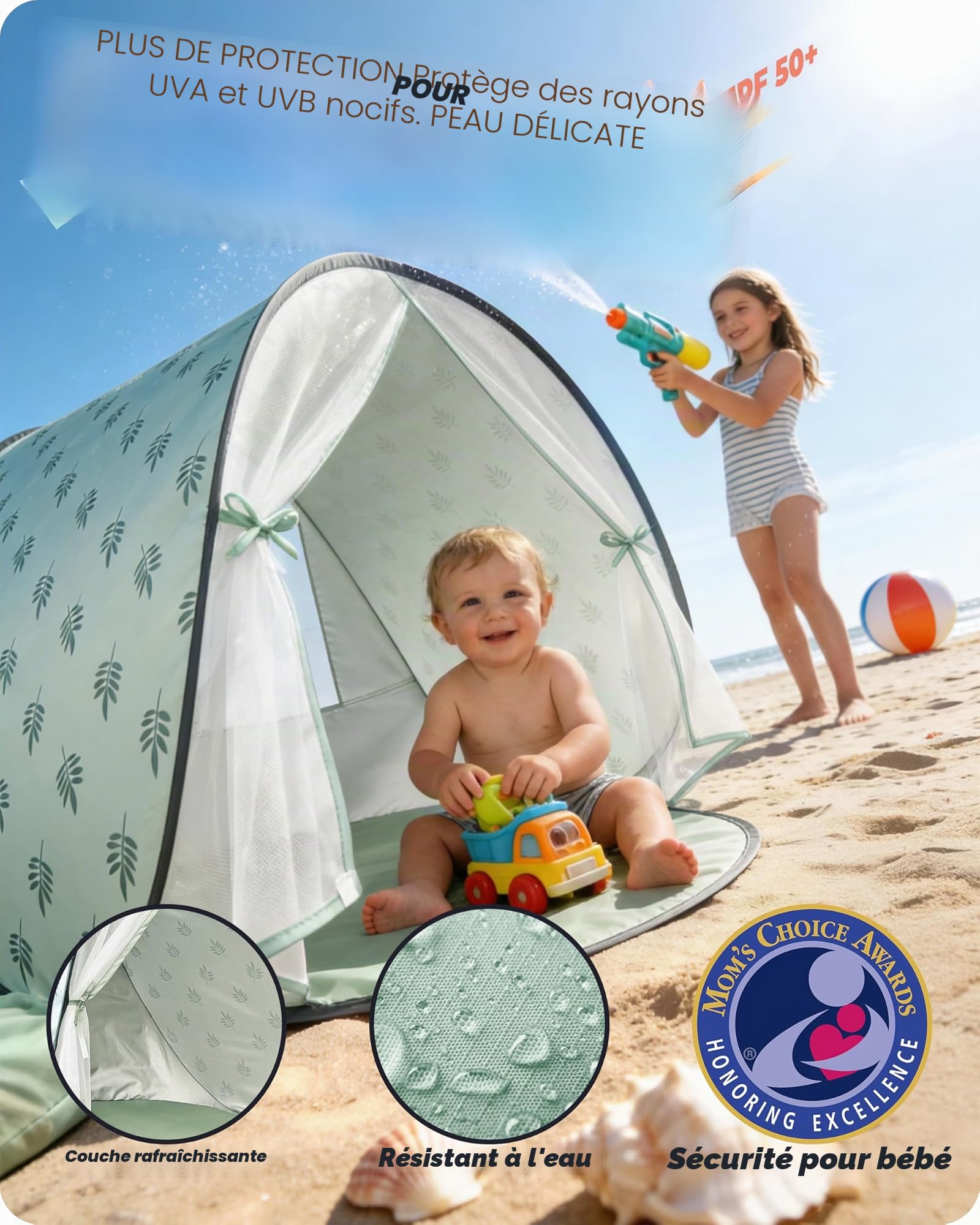 Tente de Plage pour bébé avec Protection UV UPF 50+, Tente de Plage Pop-up pour Enfants et bébés, Montage Automatique, Protection Contre Le Vent, avec Sac de Transport et piquets