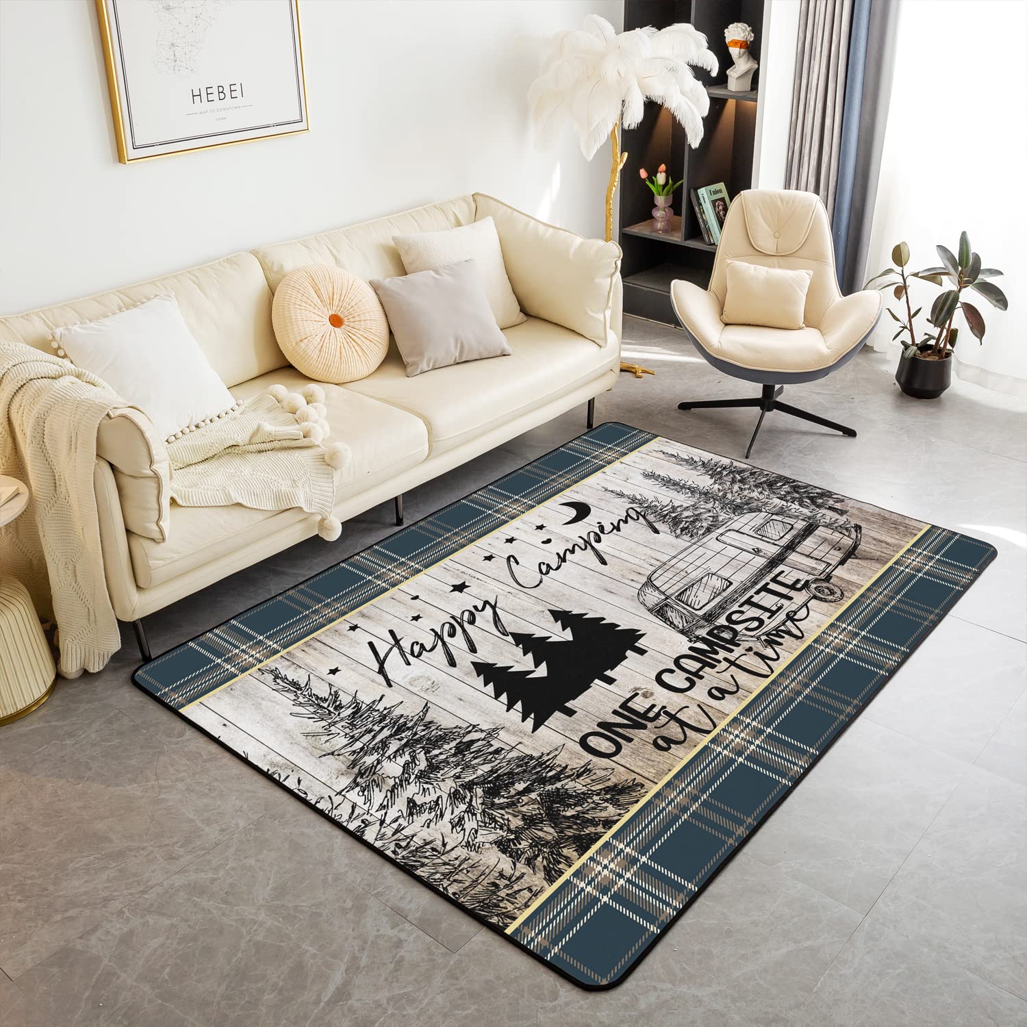 Camper Area Rug 150x200cm Happy Camping Cartoon Camping Car Rugs Mat for Living Room Bedroom Retro Buffalo Check Decor Carpet Non Slip Area Runner Rug — image 1