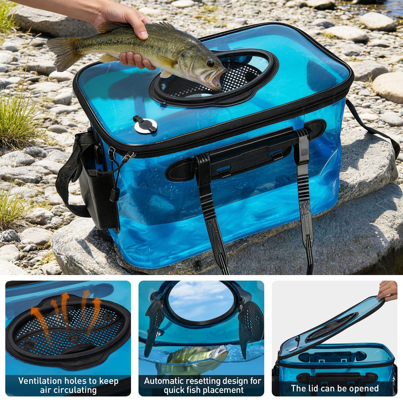 Seau de pêche pliable transparent de 18 litres, seau à appât pliable pour poissons vivants, seau à appâts vivants multifonction pour la pêche, l'eau salée, le camping, les déménagements