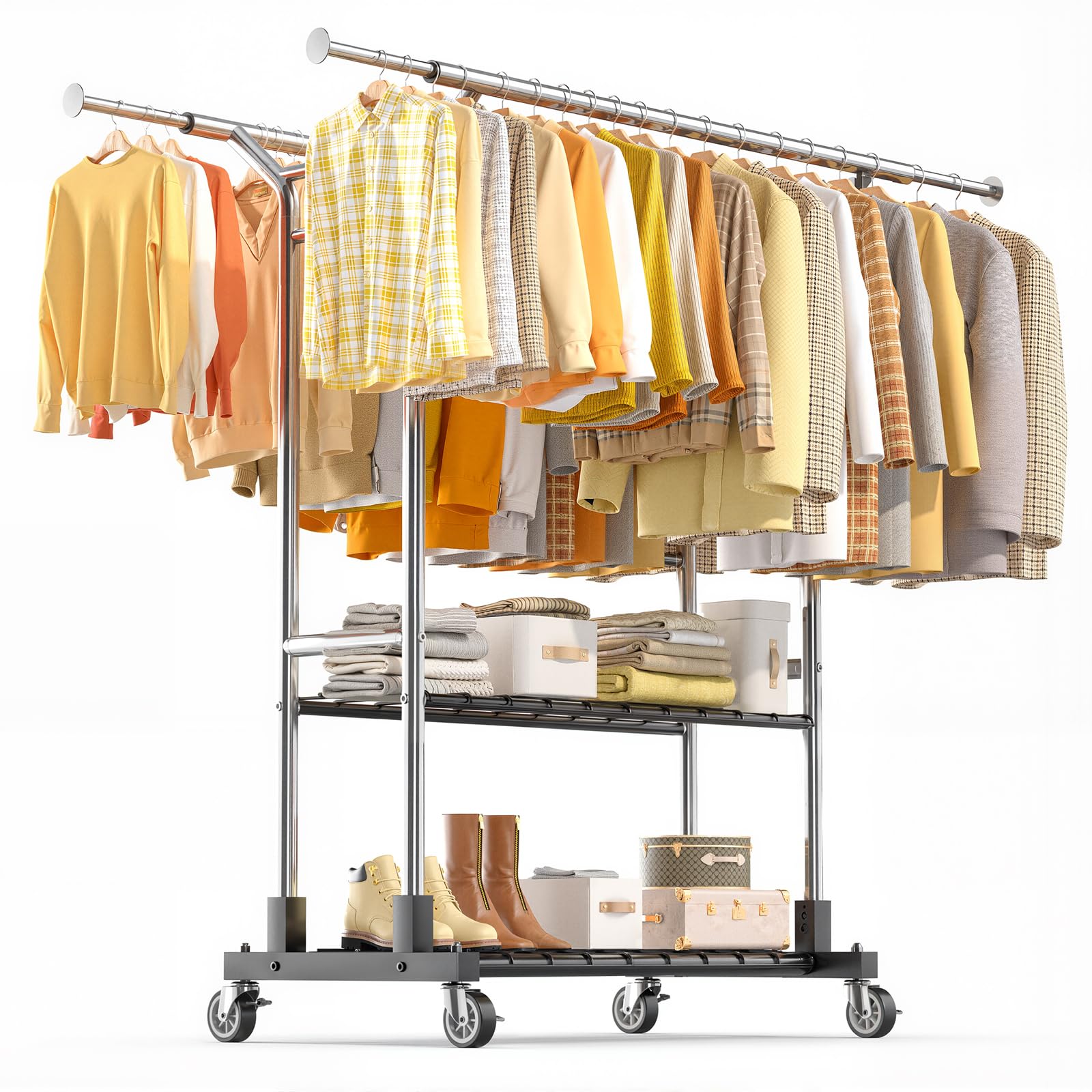 Luxspire Heavy Duty Clothes Rack Load 650 LBS Double Rod Clothing Racks for Hanging Clothes Rolling Garment Racks