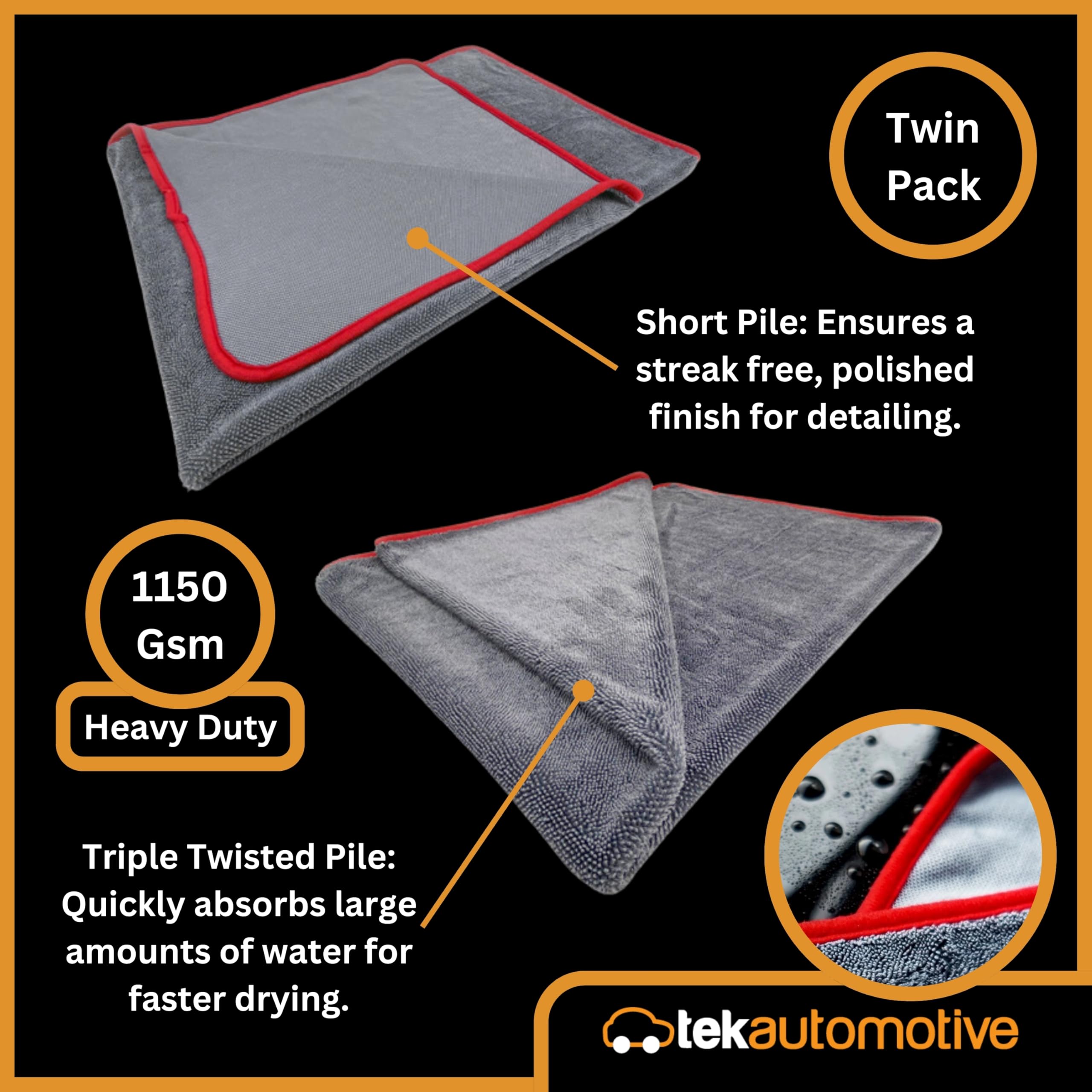 Tek Automotive Paquete de 2 toallas de secado de microfibra de triple torsión, ultra absorbentes, sin arañazos, extra grandes, 90 x 75 cm, toalla de secado de coche para limpieza, detalles y pulido