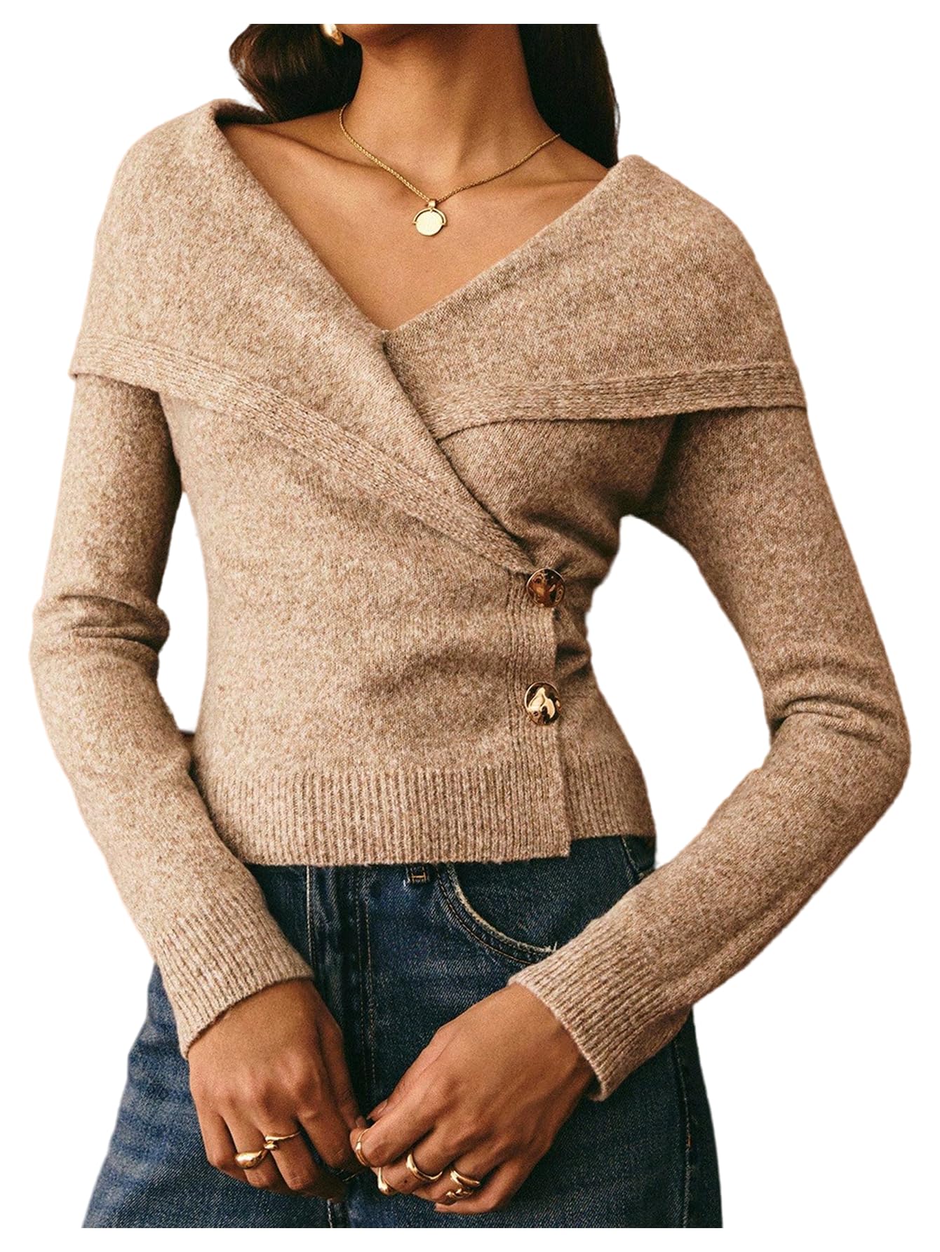 MakeMeChic Womens Wrap V Neck Sweater Metallic Button Long Sleeve Knitted Pullover Tops