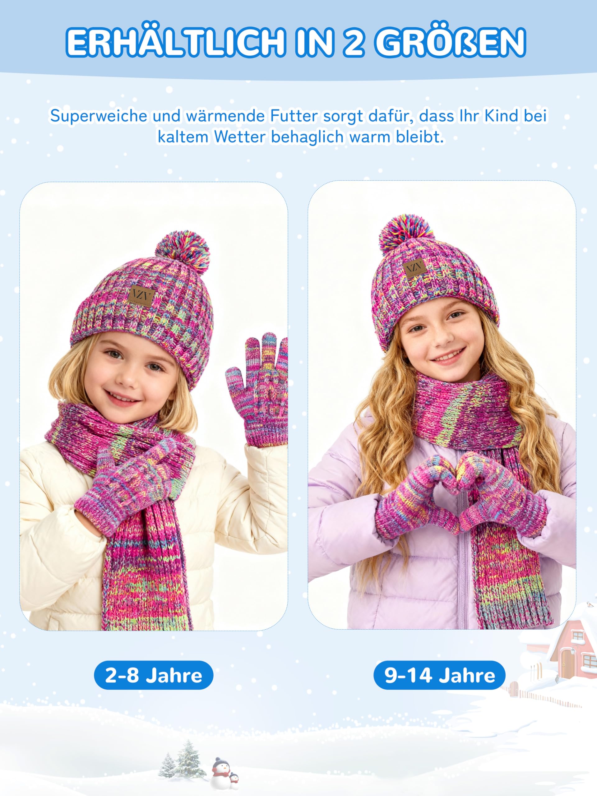 VZV Kinder Winter Mütze Schal Handschuhen Set, Winter Strickmütze mit Bommel Warme Halstuch Gefütterte Fleece-Handschuhe für Jungen Mädchen 2-14 Jahre