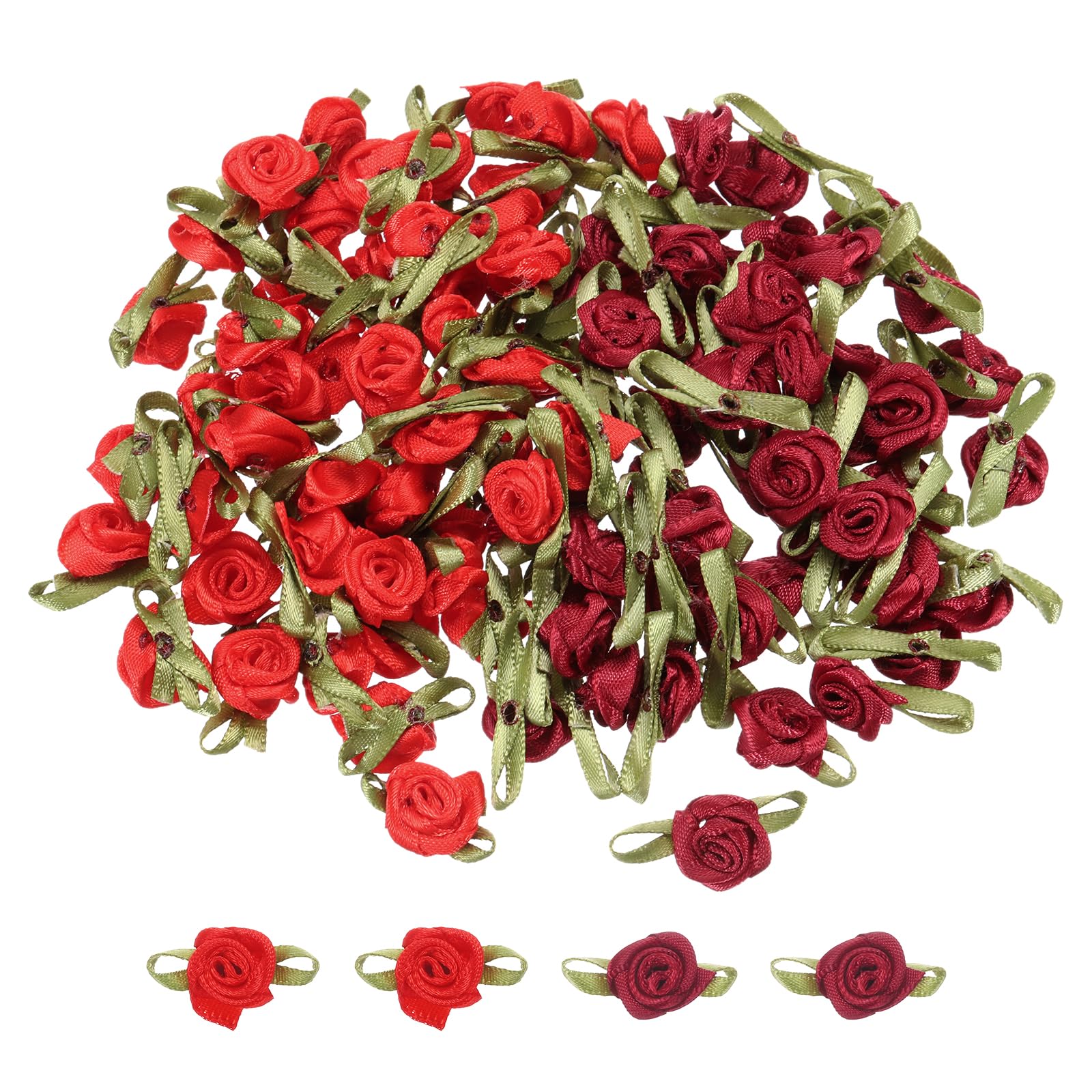 QUARKZMAN 100 Pcs Rosas de Cinta Rojo Vino/Rojo 5/8" x1-3/16 Rosas Mini para Costura Aplicaciones Manualidades Pequeños Lazos de Raso Rosas Flores Artificiales
