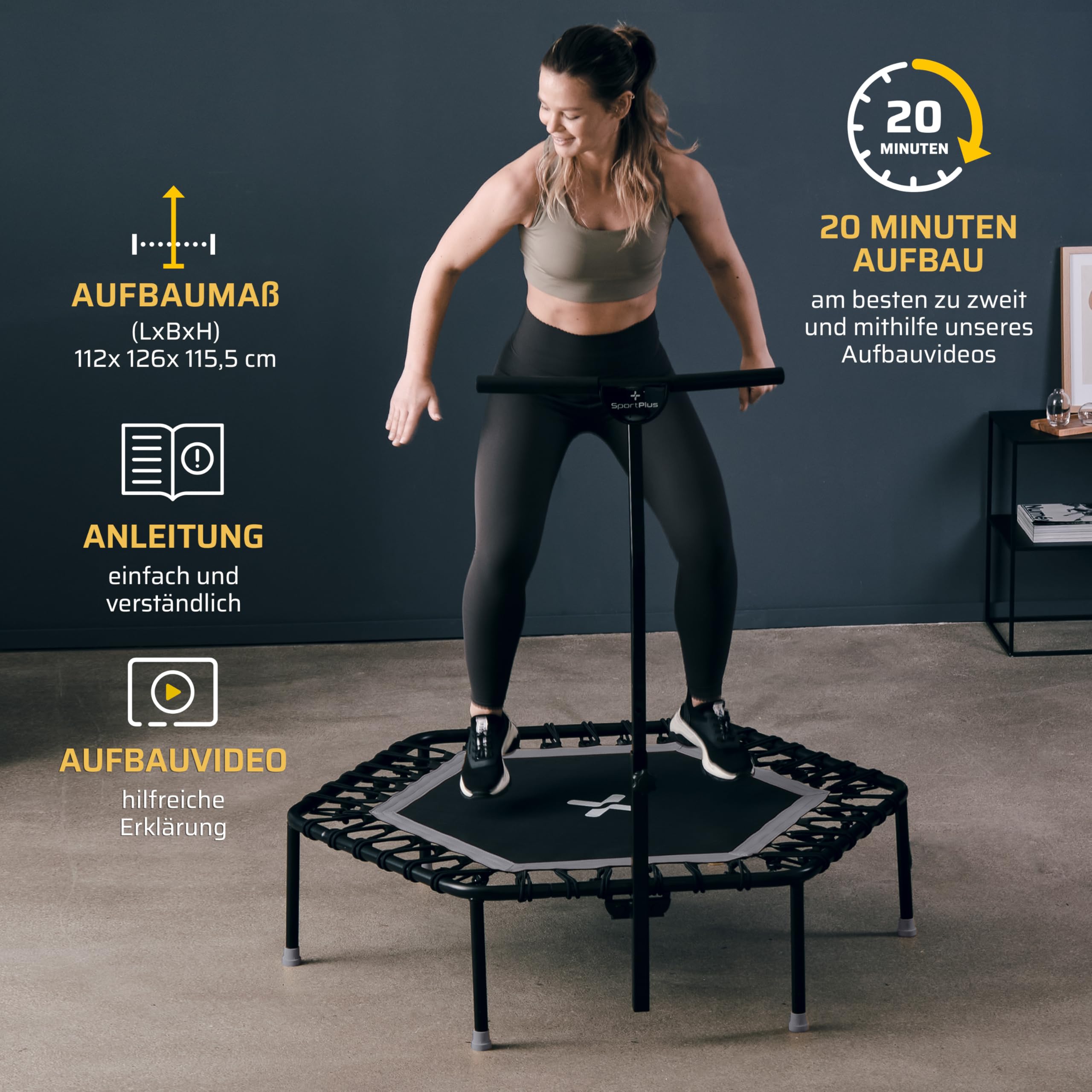 SportPlus Fitness-Trampolin, leise Gummiseilfederung, Nutzergewicht bis 130kg, Trampolin für Jumping Fitness