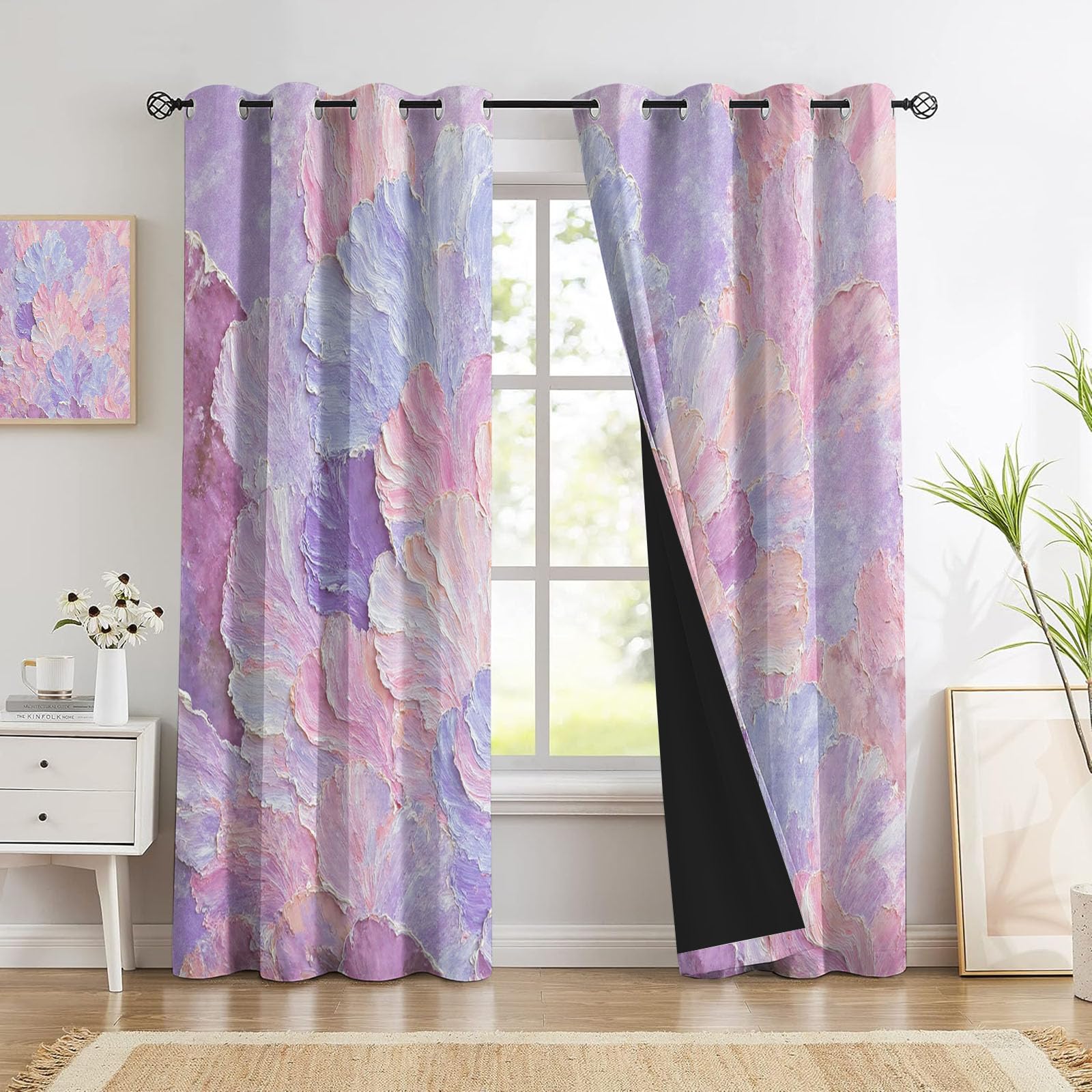 Rideau Occultant Salon Pétales Abstraits 3D, Rideaux Motif Texture De Peinture À l'huile avec Oeillets 2 Panneaux Rideaux Occultant Thermiques Opaque pour Fenetre Chambre, 117X137 Cm, Poudre Blush