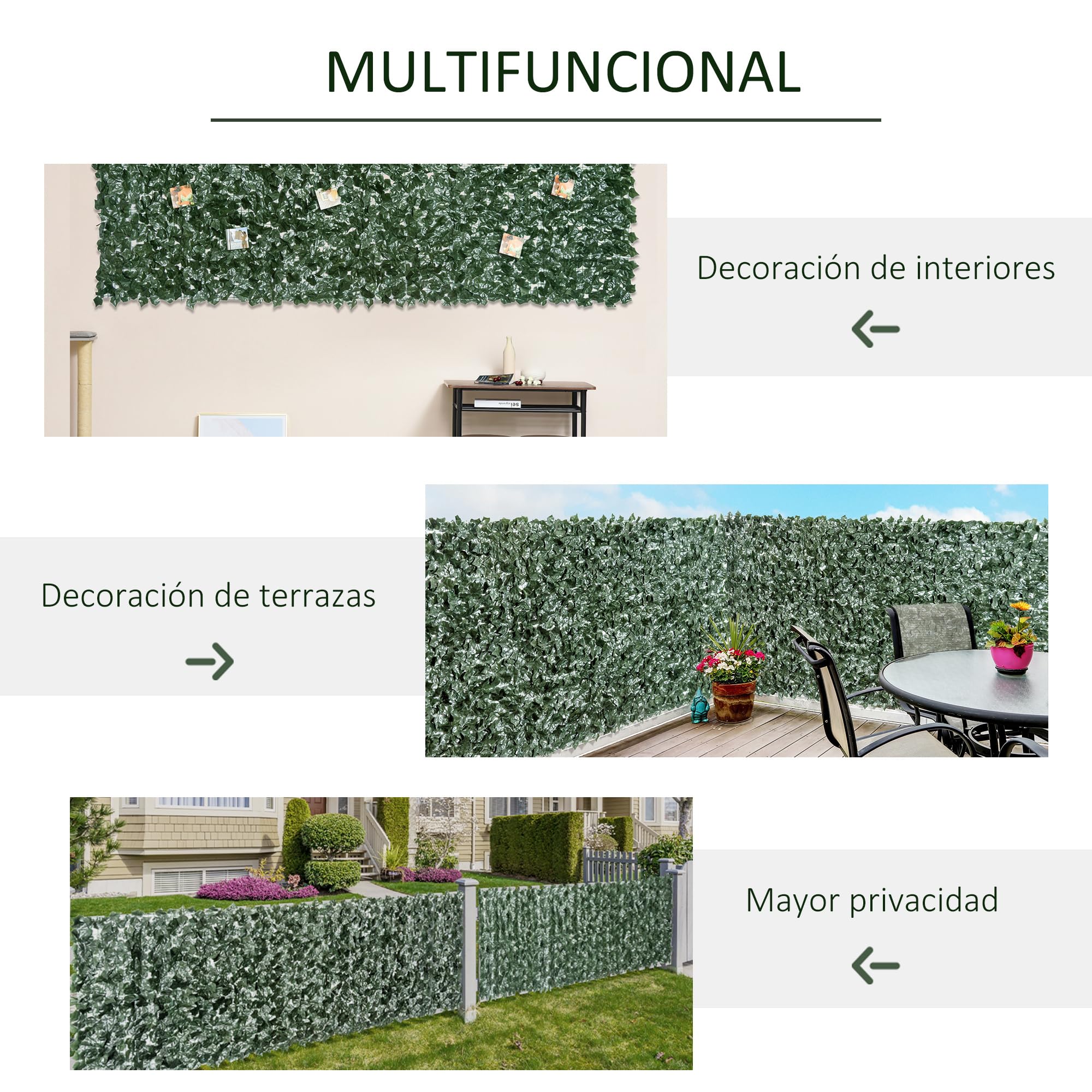 Outsunny Seto Artificial Ocultación Jardín en Rollo 3x1,5 m Pantalla de Valla de Privacidad de Hiedra Artificial Fácil Montaje para Terraza Balcón Exterior Decoración de Hojas Verde