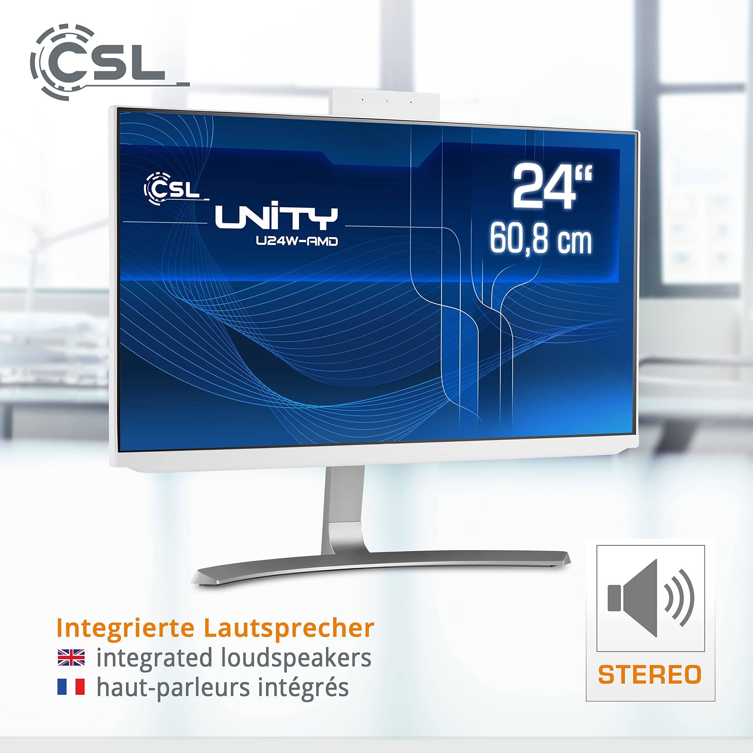 PC Tout-en-Un CSL Unity U24W-AMD, 60,5 cm (23,8 Pouces, 1920x1080 Full HD) - AIO Puissant (AMD Ryzen 7 5700G CPU 8x3800 MHz, 2000 Go SSD, 32 Go DDR4-RAM, Windows 11 Pro), Blanc