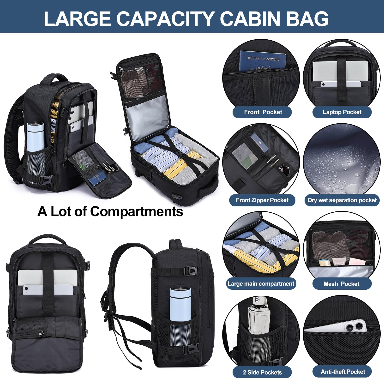 Torby kabinowe pod siedzenie, plecak podróżny, rozmiar kabiny, plecak do samolotu, bagaż podręczny, torba do samolotu, torba lotnicza z portem ładowania USB, Czarny-S, Ryanair 40x20x25cm(20L), Casual