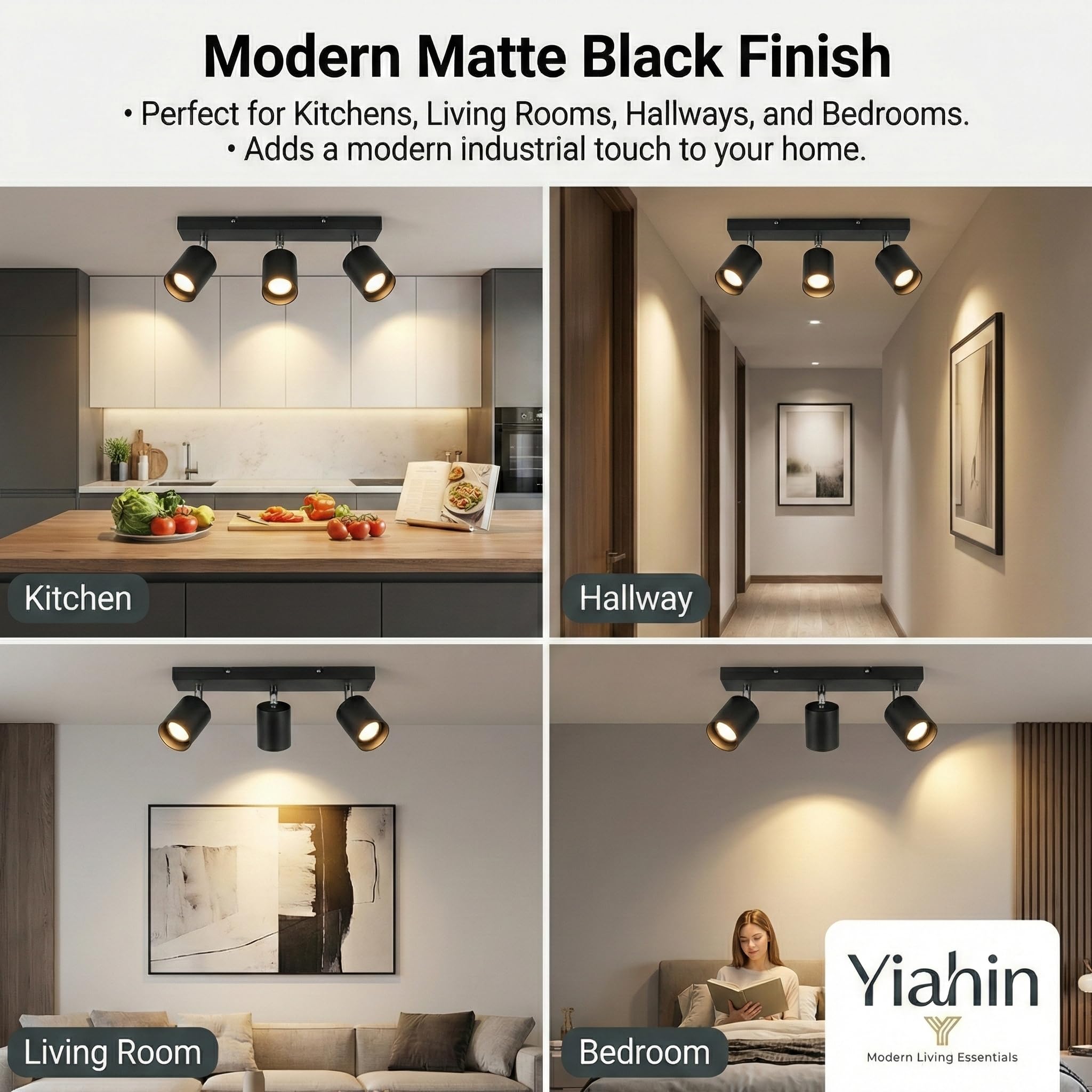 Yiahin Plafonnier LED 3 Spots Noir Orientable avec 3 Ampoules GU10 4000K Blanc Neutre - Barre de Spots Rectangulaire Métal - Éclairage Naturel Prêt à l'Emploi pour Cuisine, Couloir et Dressing