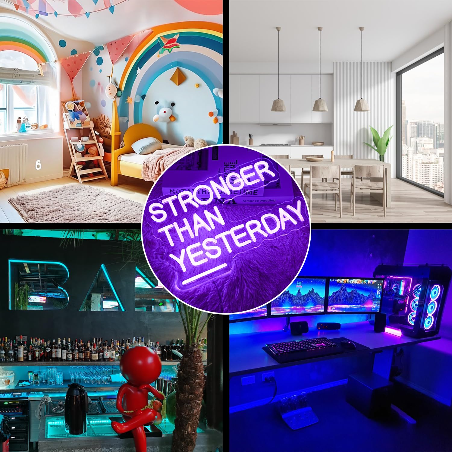 Neonowy znak "Stronger Than Yesterday" do dekoracji ścian, na siłownię, neonowy, jasnoróżowy, z możliwością ściemniania, zasilany przez USB, LED, do domu, siłowni, klubu, klasy