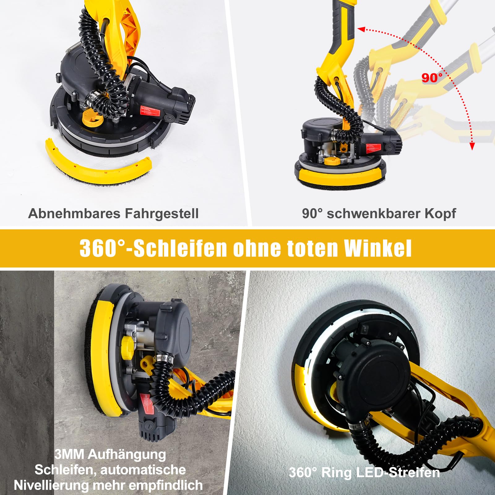 DEDRA Hand-Trockenbauschleifer 750 W – Mit LED-Licht, 1500-2700 U/min, Staubabsaugung, 180 Mm Schleifteller