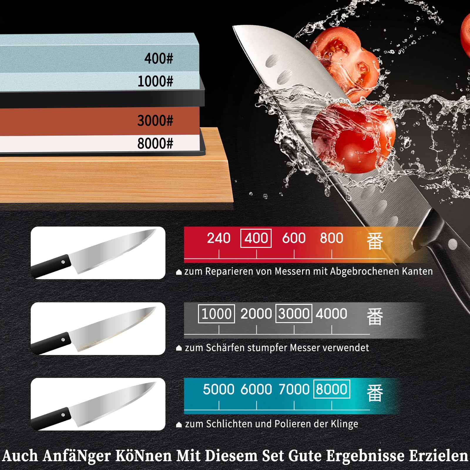 ALPXUXP Set Slijpstenen Dubbelzijdig 400/1000 en 3000/8000 Grit Slijpstenen Met Egaliseersteen Hoekgeleiding Polijstbanden Antislip Bamboebasis Voor Het Slijpen Van Alle Soorten Metalen Messen
