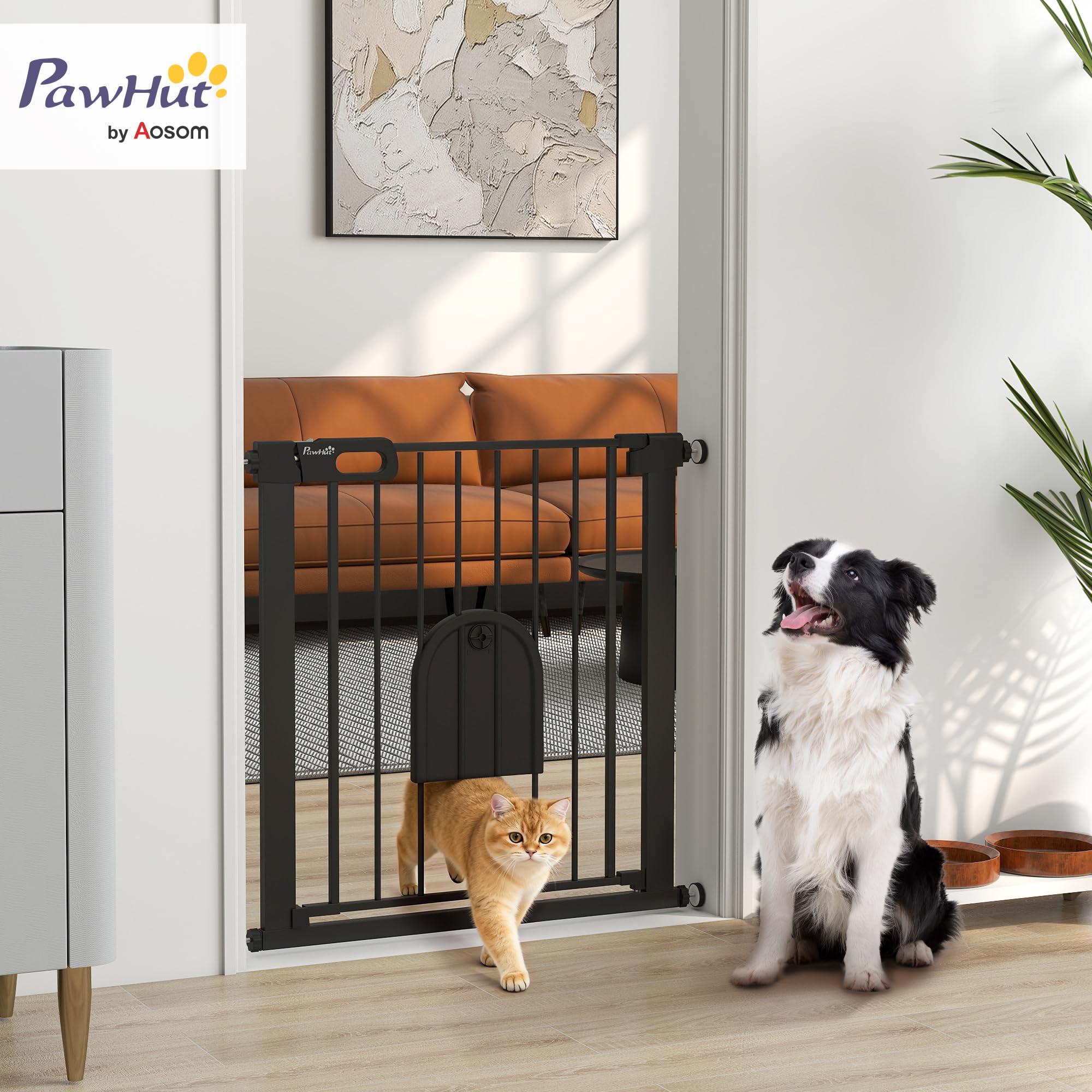 PawHut Barrière de sécurité Animaux de 76H cm barrière Chien Chat avec Porte Fermeture Automatique système de Double Verrouillage Fixation par Pression de 75 à 82 cm Acier et ABS Noir