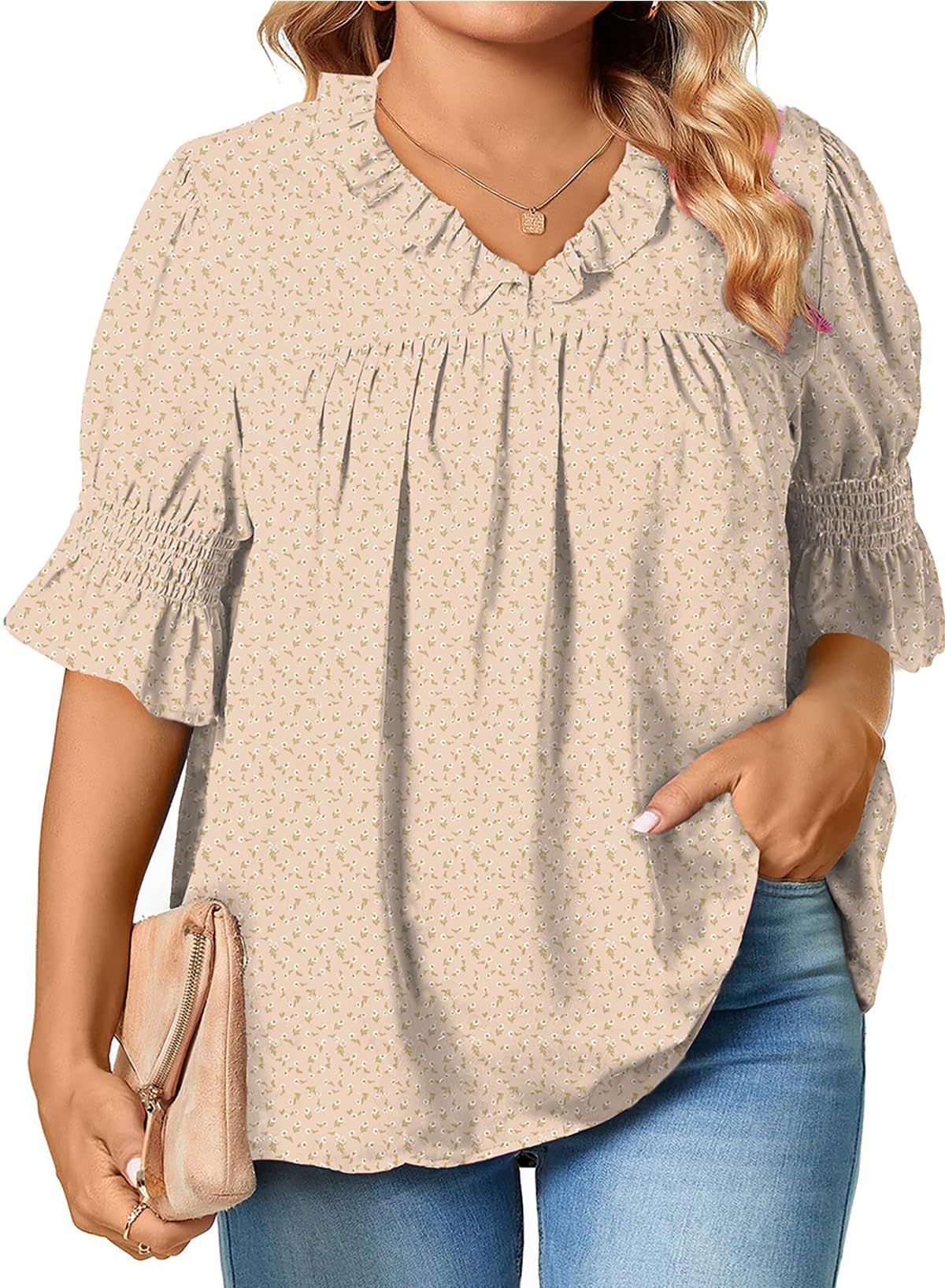 Eytino Plus Size Tops for Women Summer V Neck Short Sleeve Boho Floral Printed Flowy Chiffon Shirts Blouse(1X-5X)