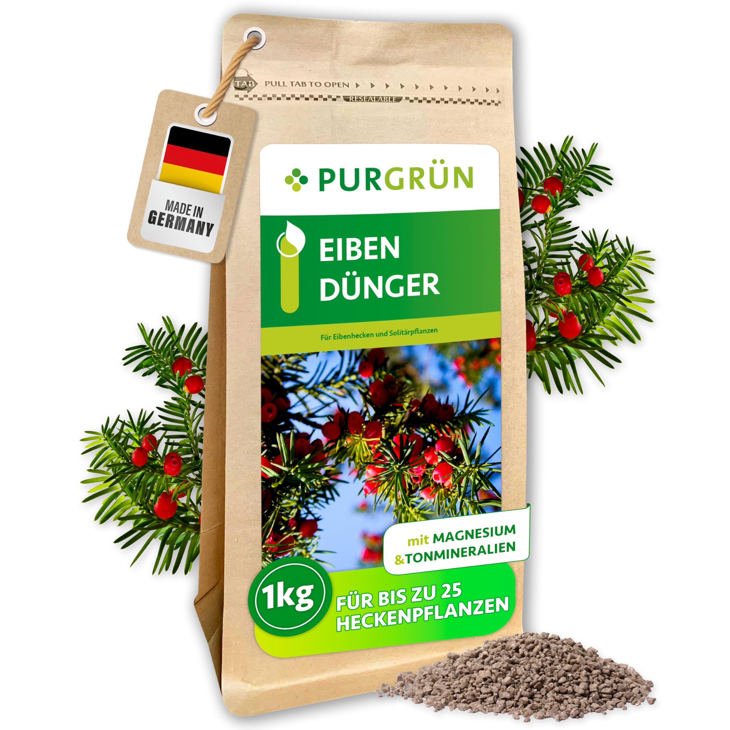 Purgrün® Eibendünger 1 kg – Organisch-mineralische Rezeptur – Feinkörniges Krümelgranulat – NPK 5+4+6 – Extra Magnesium für leuchtend grüne Nadeln – Verbessert die Bodenqualität
