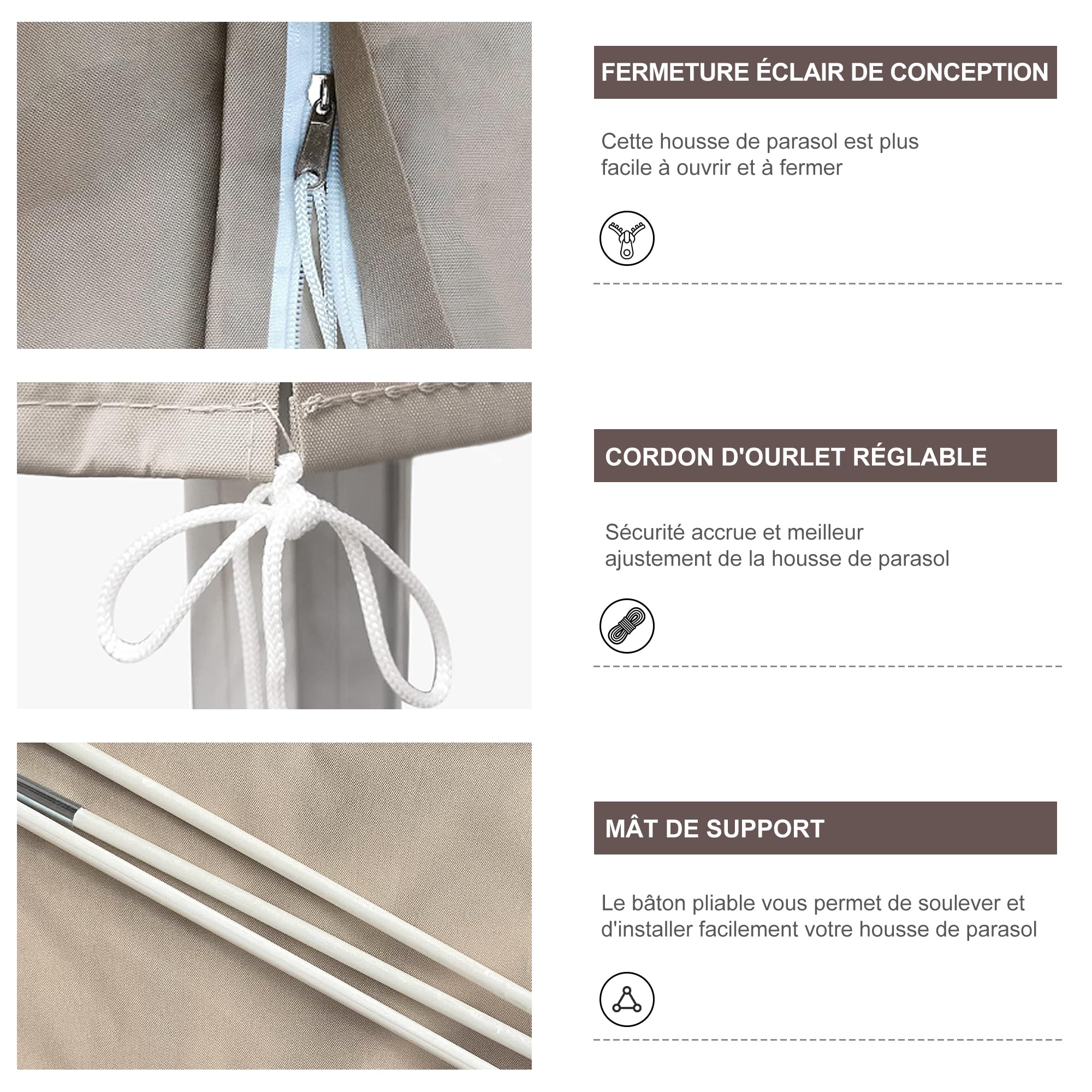 PURPLE LEAF - Funda protectora para sombrilla de jardín, 3 x 3 m, resistente al viento, anti-UV, cubierta para sombrilla exterior con varilla y cremallera, 255 x 62 cm, color beige