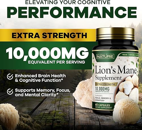 Miniatura 2 de Built by Nature Lion's Mane 10,000 mg - Suplemento de hongo extra fuerte para apoyo cerebral nootrópico - Enfoque, memoria y función cognitiva - Sin