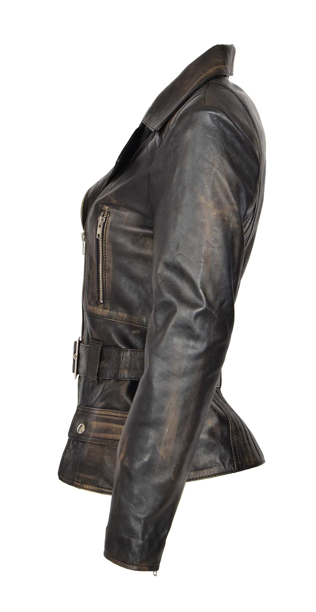 A1 FASHION GOODS Damen Biker Lederjacke SCHWARZ Vintage Abreiben Slim Fit Taille Gürtel Mantel - Coco