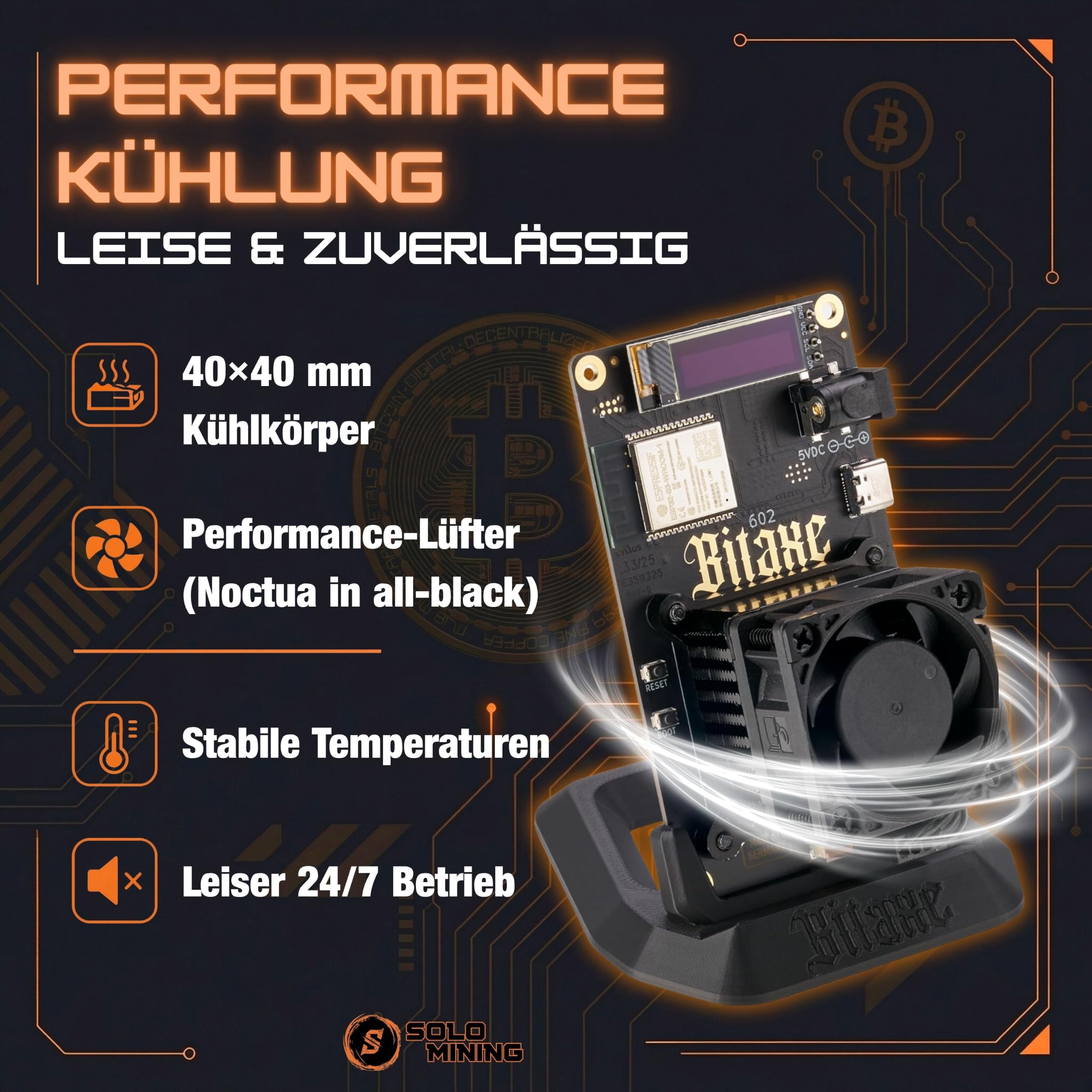 Bitaxe 602 Gamma Bitcoin Miner – Premium Plug-and-Play Home Miner | Made in Germany | 1,3 TH/s | inkl. Netzteil & Halterung (Performance Lüfter (Noctua))