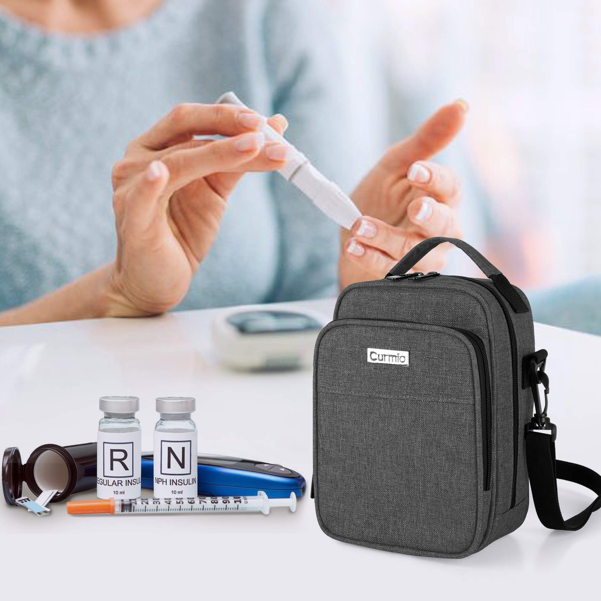 CURMIO Custodia da viaggio per refrigeratore per insulina, borsa organizer per farmaci per diabetici con tracolla per penne per insulina e forniture per diabetici, Nero