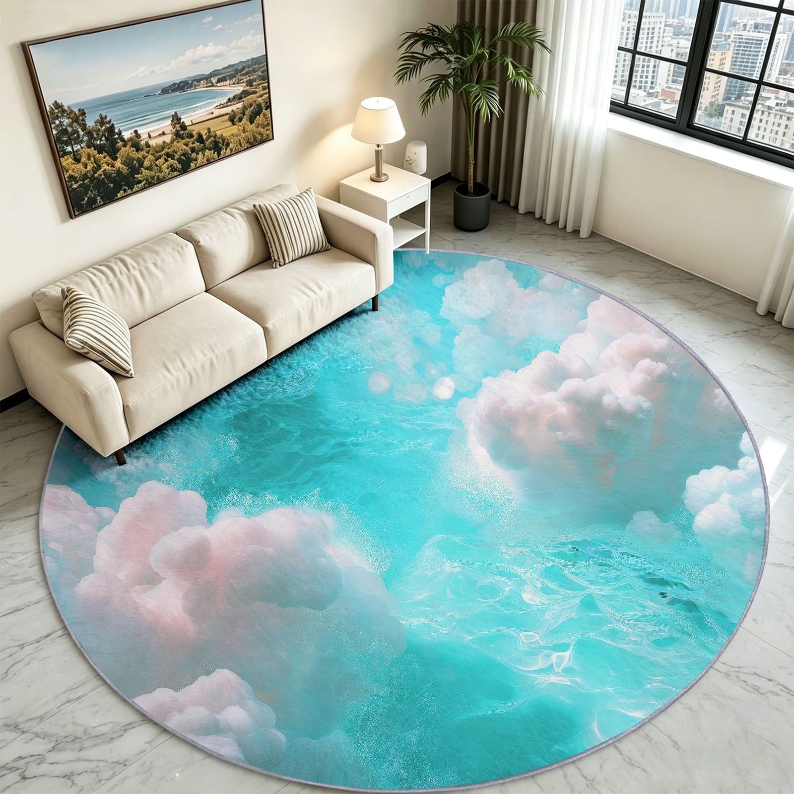Tapis Rond Lavable en Machine pour Enfants 200 cm, Poils Doux et Facile à Entretenir Nuages Rêveurs Interieur Chambre à Coucher Salon Bureau Tapis Antidérapant Couleurs Résistantes Ciel Bleu