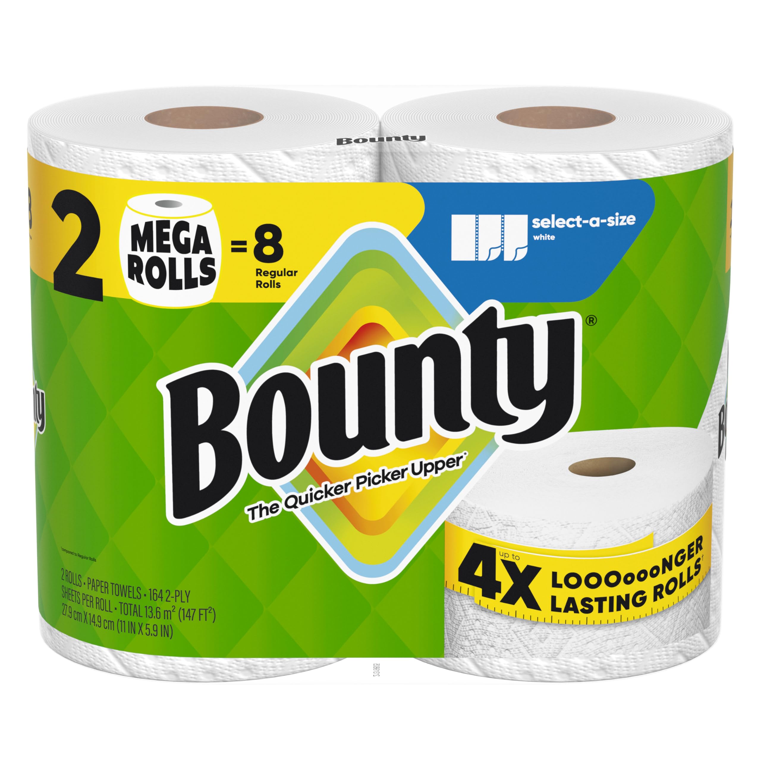 Bounty Select-A-Size Paper Towels, White, 2 Mega Rolls = 8 Regular Rolls