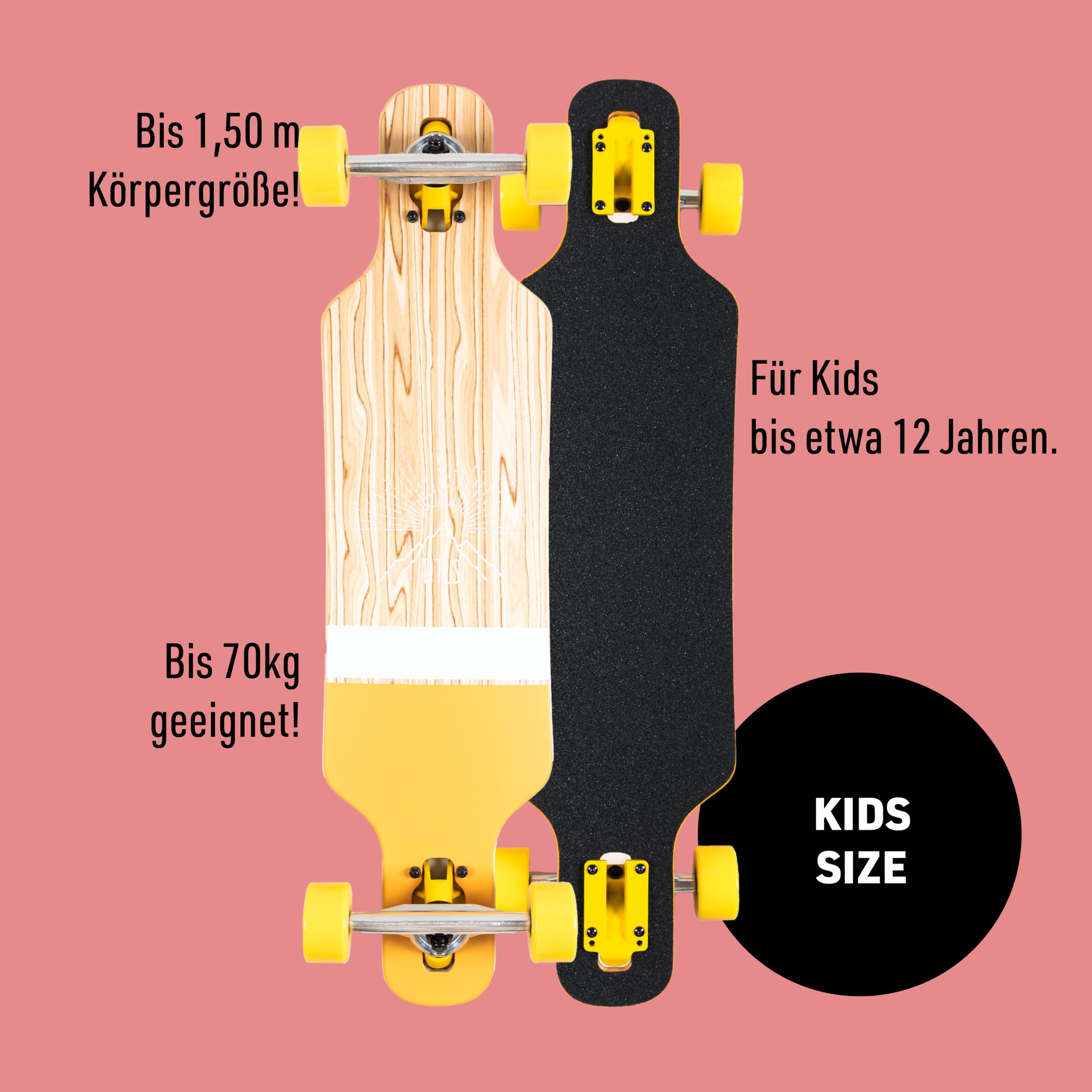 TITUS Longboard Mountain DT Kids : Natural-Orange / 8.25 - Mixte - Adolescents et Adultes - Professionnel et Débutant - Longboard avec grand plaisir de conduite, Longboard