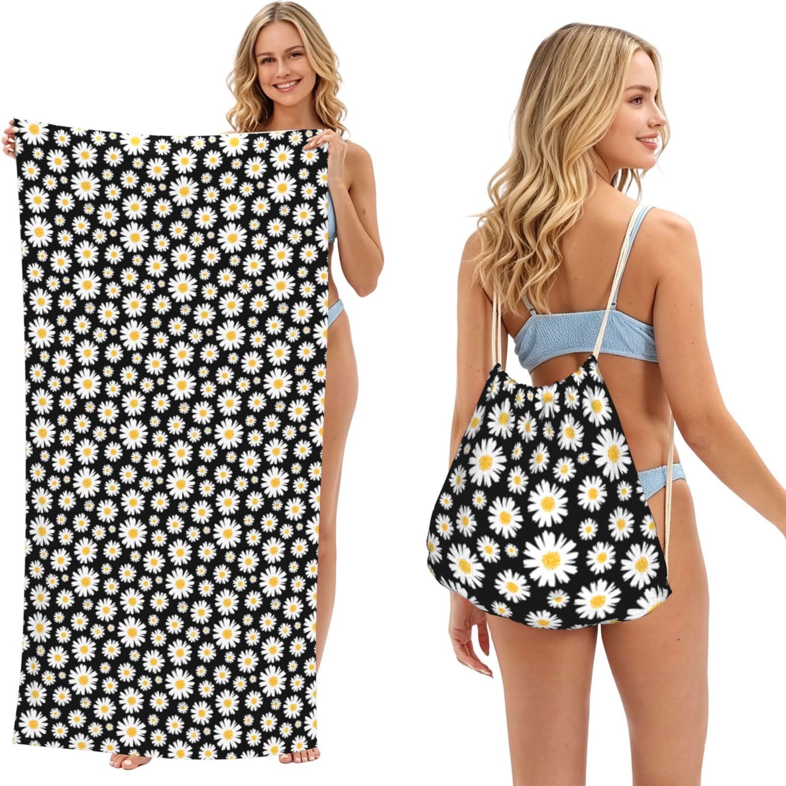 Poadnly As Picture Daisy Florals, 2 In 1 Packable Towel Bag, Beach Towels With Drawstring Backpack For Travel Holiday Camping