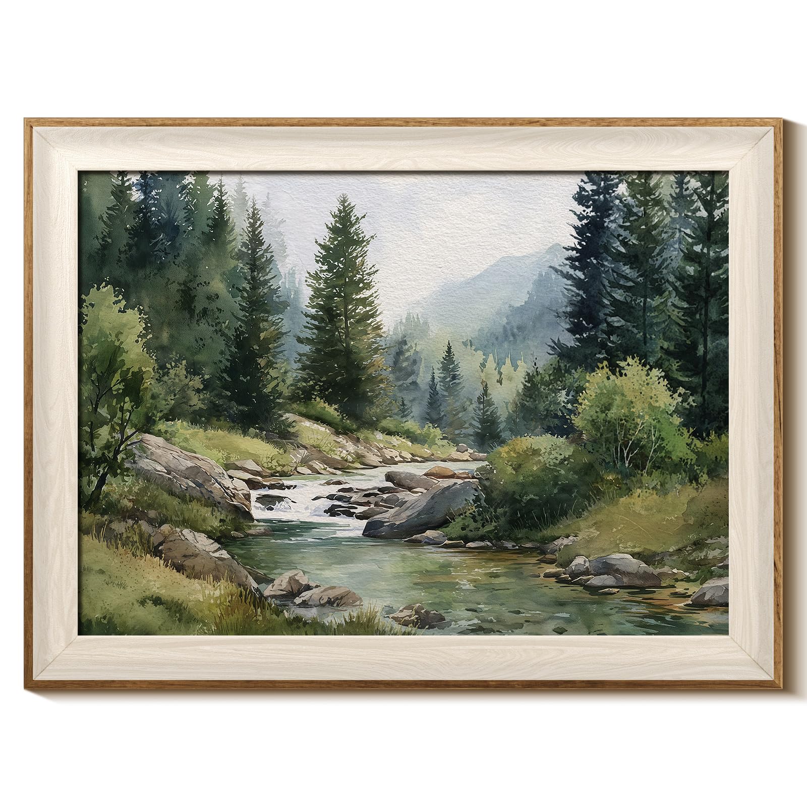 Framed Canvas Wall Art Vintage Green Landscape Art Prints for Living Room Retro Artwork Decor for Bedroom Home Office Decoration