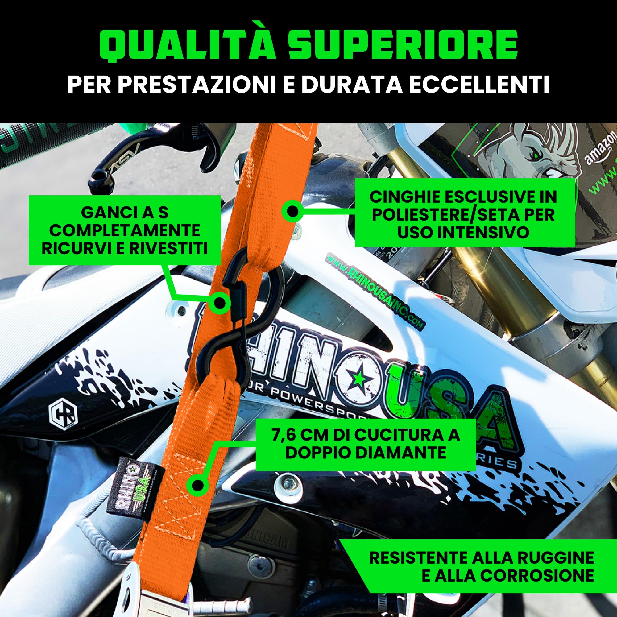 Rhino USA Cinghie a Cricchetto per Moto 1000 kg - Cinghie di Fissaggio a Cricchetto - 2 Pz - Cinghie con Ganci a S con Sicura - Cinghia a Cricchetto - per Viaggio Trasporto Trasloco - Orange