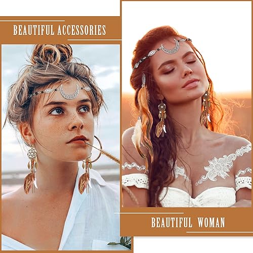 Miniatura 3 de Paquete de 5 pinzas de plumas para el pelo, estilo bohemio, cabeza y luna, cadena de cristal vintage, joyería para la frente, diadema de bruja,