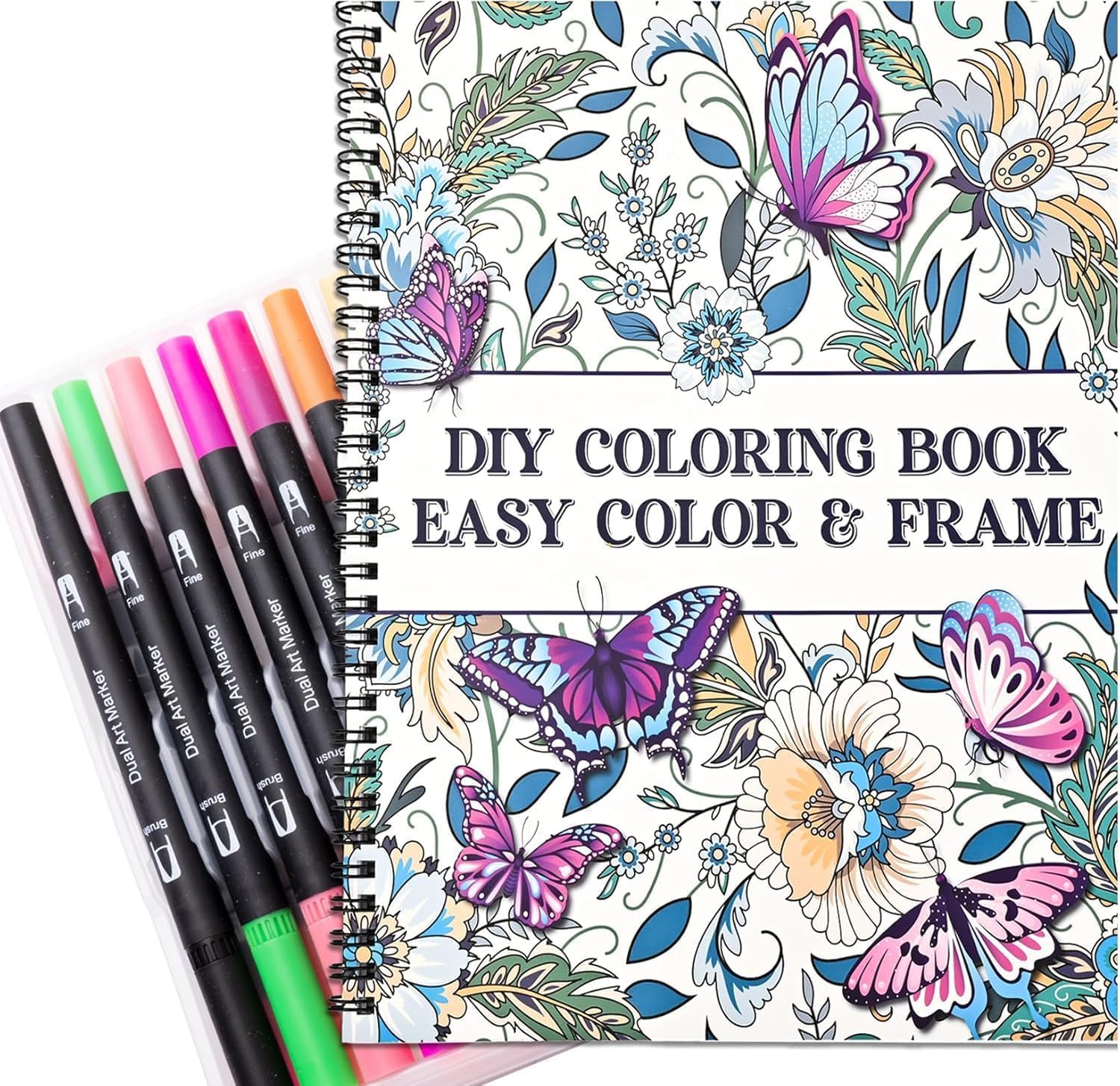 Juego de libros para colorear para adultos con 36 marcadores de colores, libros para colorear encuadernados en espiral con flores de mandala, patrones de animales para mujeres adultas, relajación y