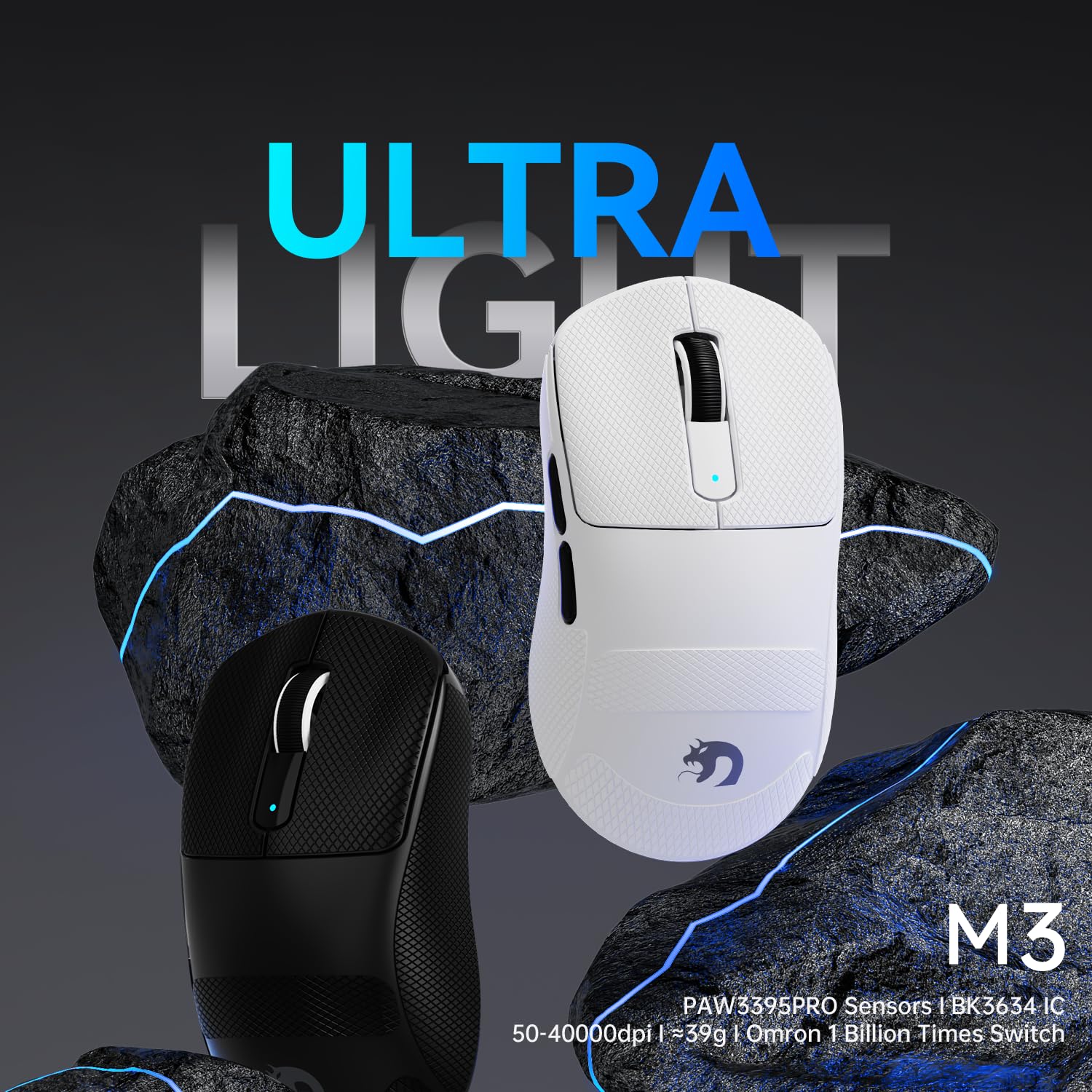 MAMBASNAKE M3 39g SUPERLIGHT Mouse, PixArt PAW3395PRO Gaming Sensor, BT/2.4G Wireless/Wired Gaming Mouse, 6 Adjustable DPI up to 40000, 200 Hrs Battery, Office Mice for Win11/Xbox/PS/Mac (Black)