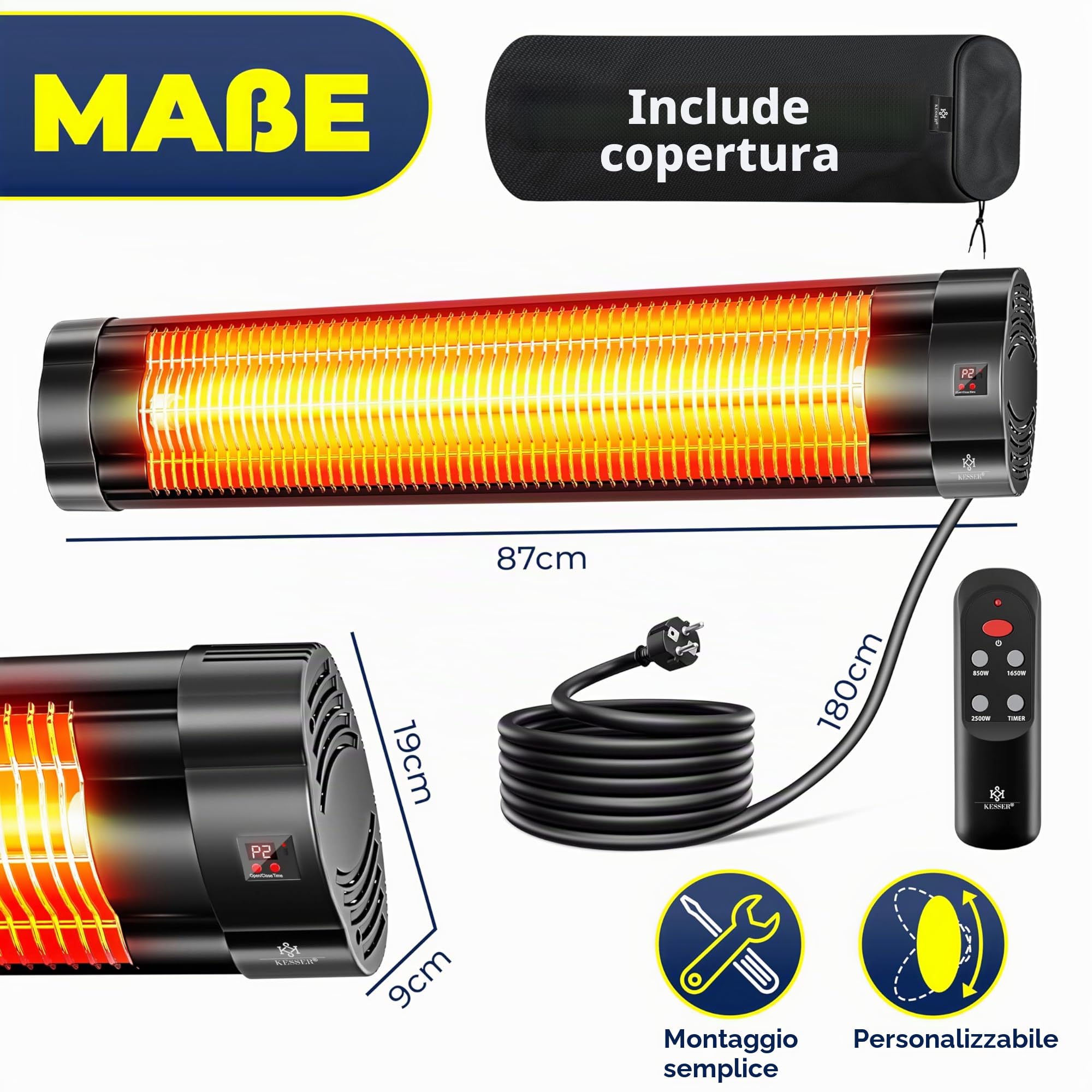 KESSER® Stufa a infrarossi da 2500 W, con telecomando, 3 livelli, riscaldamento istantaneo, supporto da parete, faretto da terrazza, faretto al quarzo, riscaldatore da terrazza, con custodia