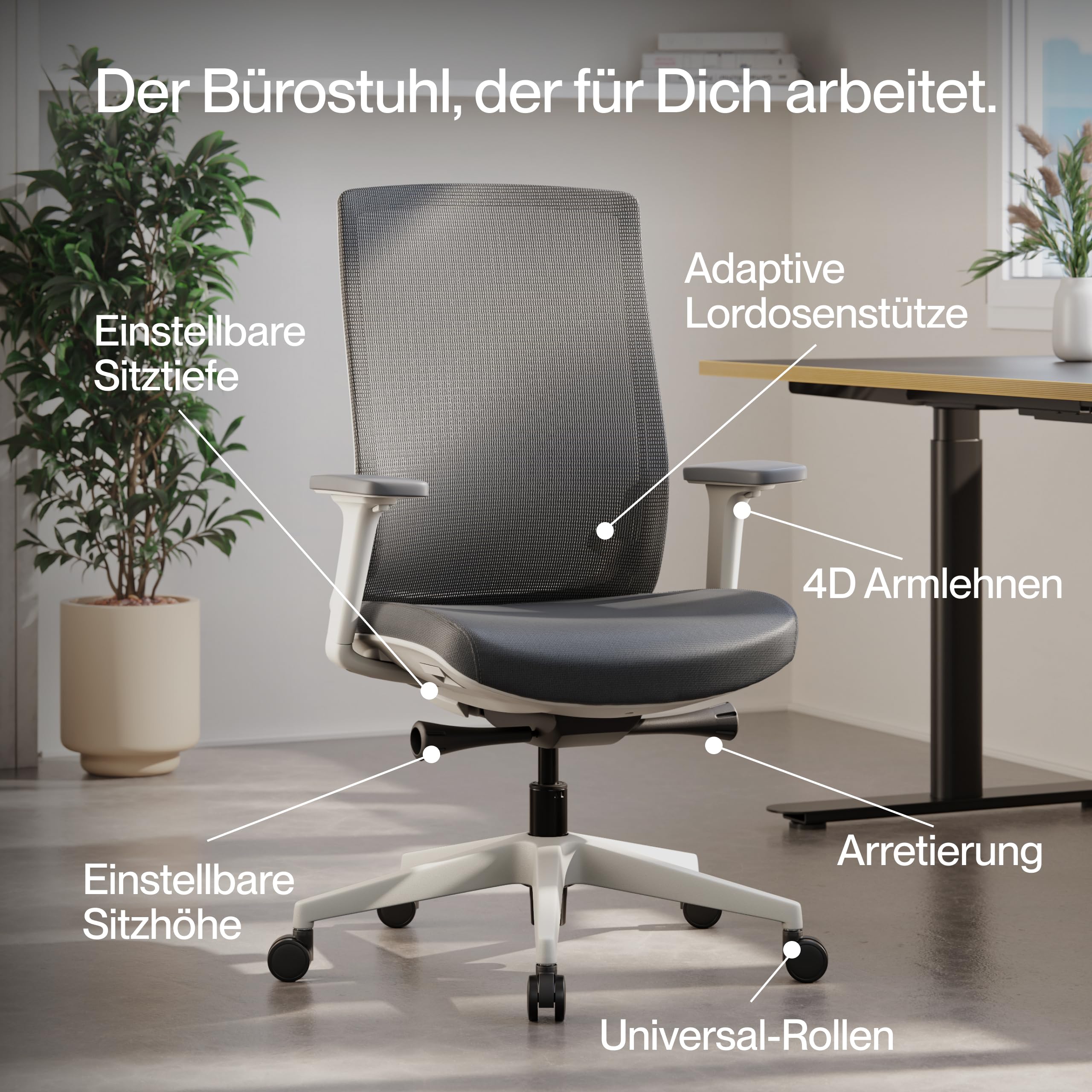 Ergo Bürostuhl Ergonomisch mit Armlehnen Weiß | Schreibtischstuhl mit Synchronmechanik, Lordosenstütze & Sitzhöhenverstellung | Bequemer Office Chair, PC & Büro Stuhl | Flexibler Drehstuhl