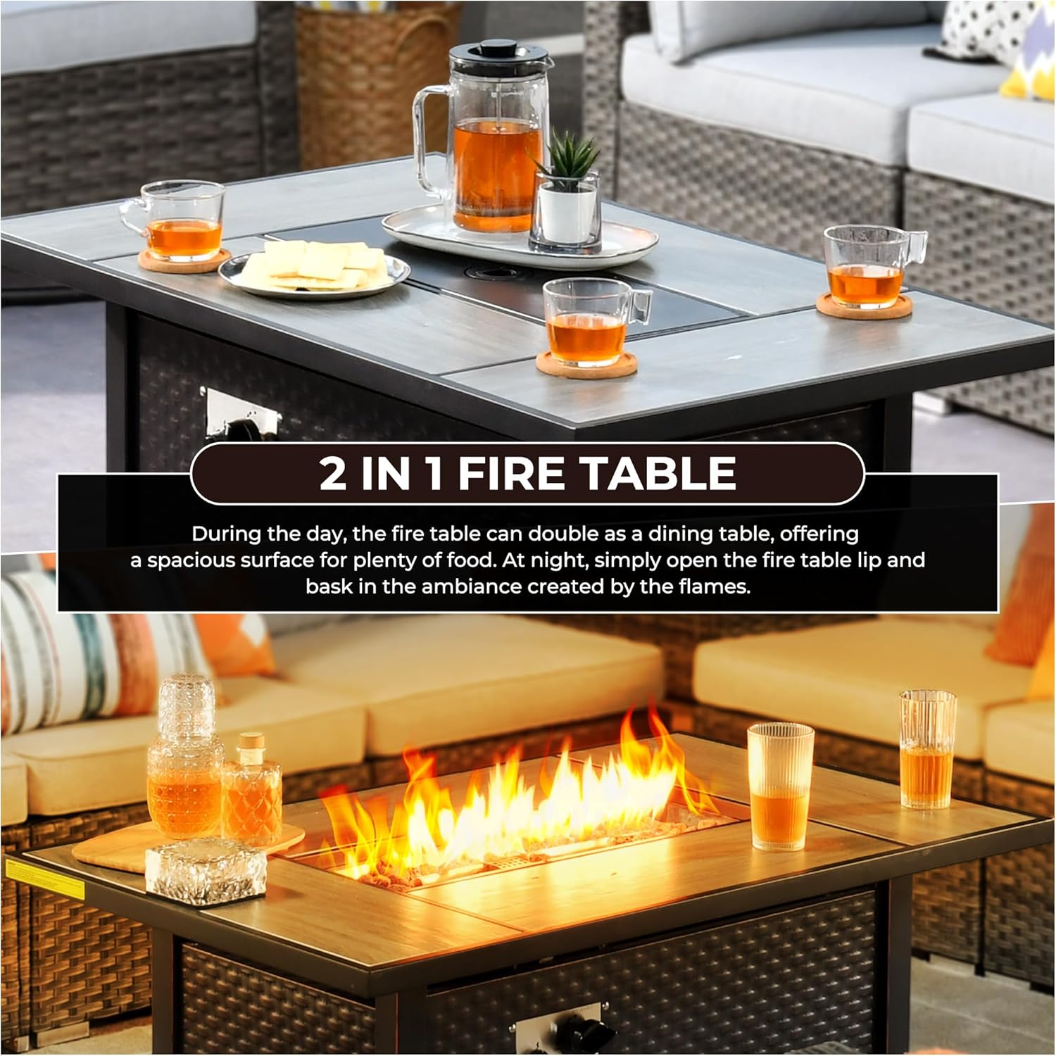42" Fire Pit Table with Propane Gas,Patio Rectangular Firepit Tables with Lid & Rain Cover & Lava Rocks,Outdoor 50,000 BTU Fire Table for Outside Deck Backyard Balcony