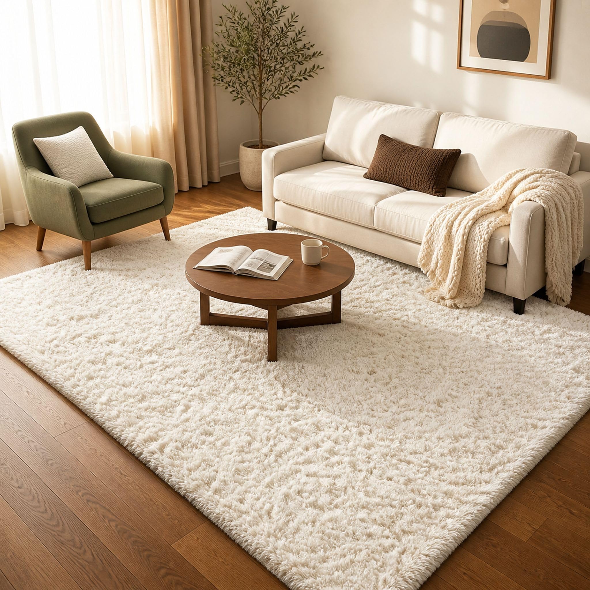Plush Shag Area Rug, 5x7 Feet, Ivory
